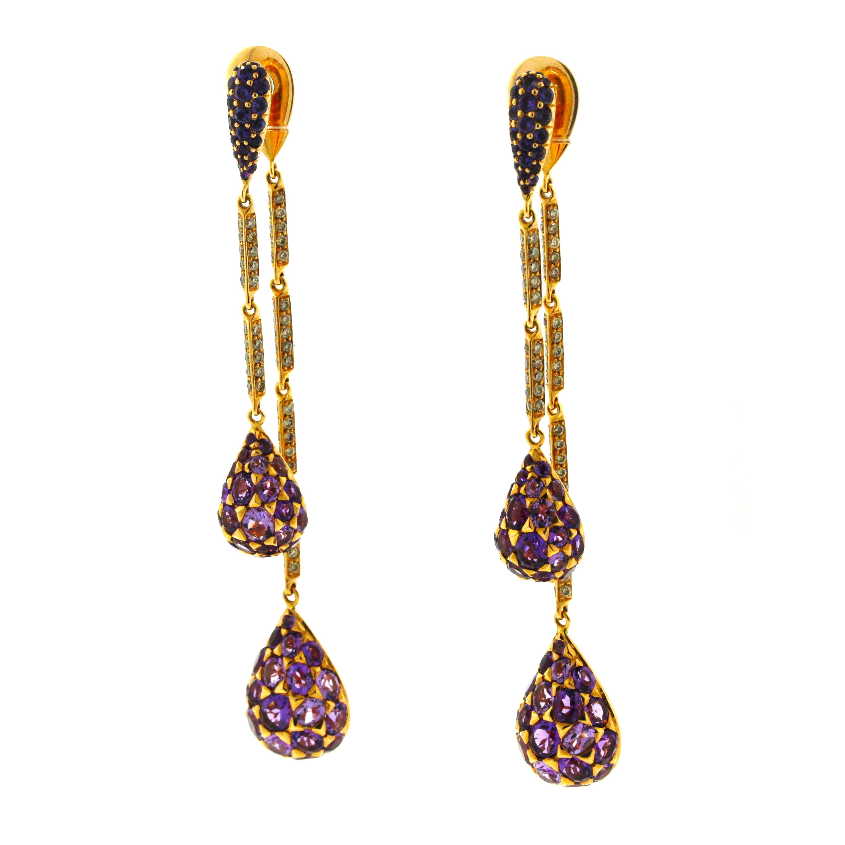 Amethyst Diamond Sapphire Gold Drop Dangle Earrings For Sale 2