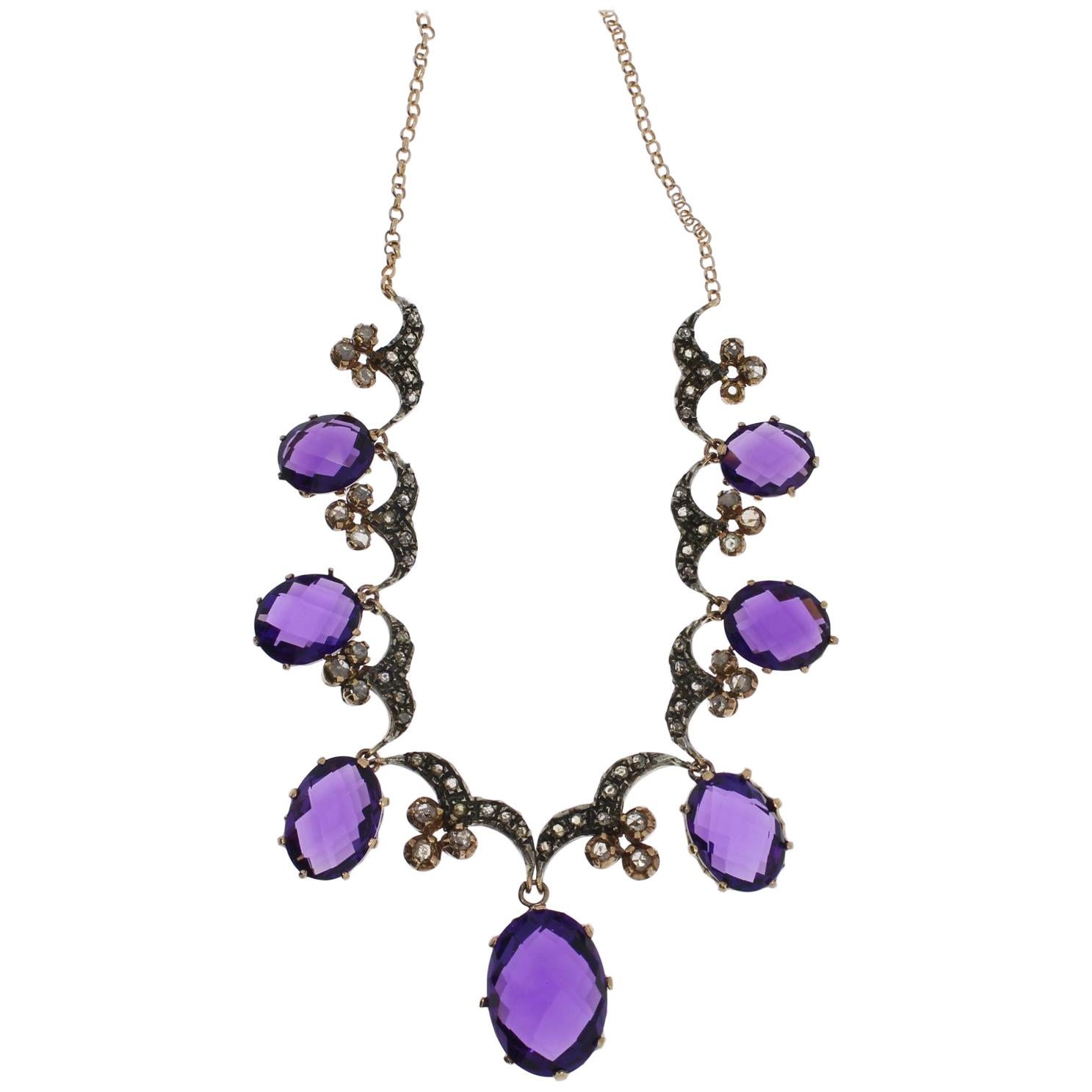 Amethyst Diamond Silver Gold Necklace For Sale