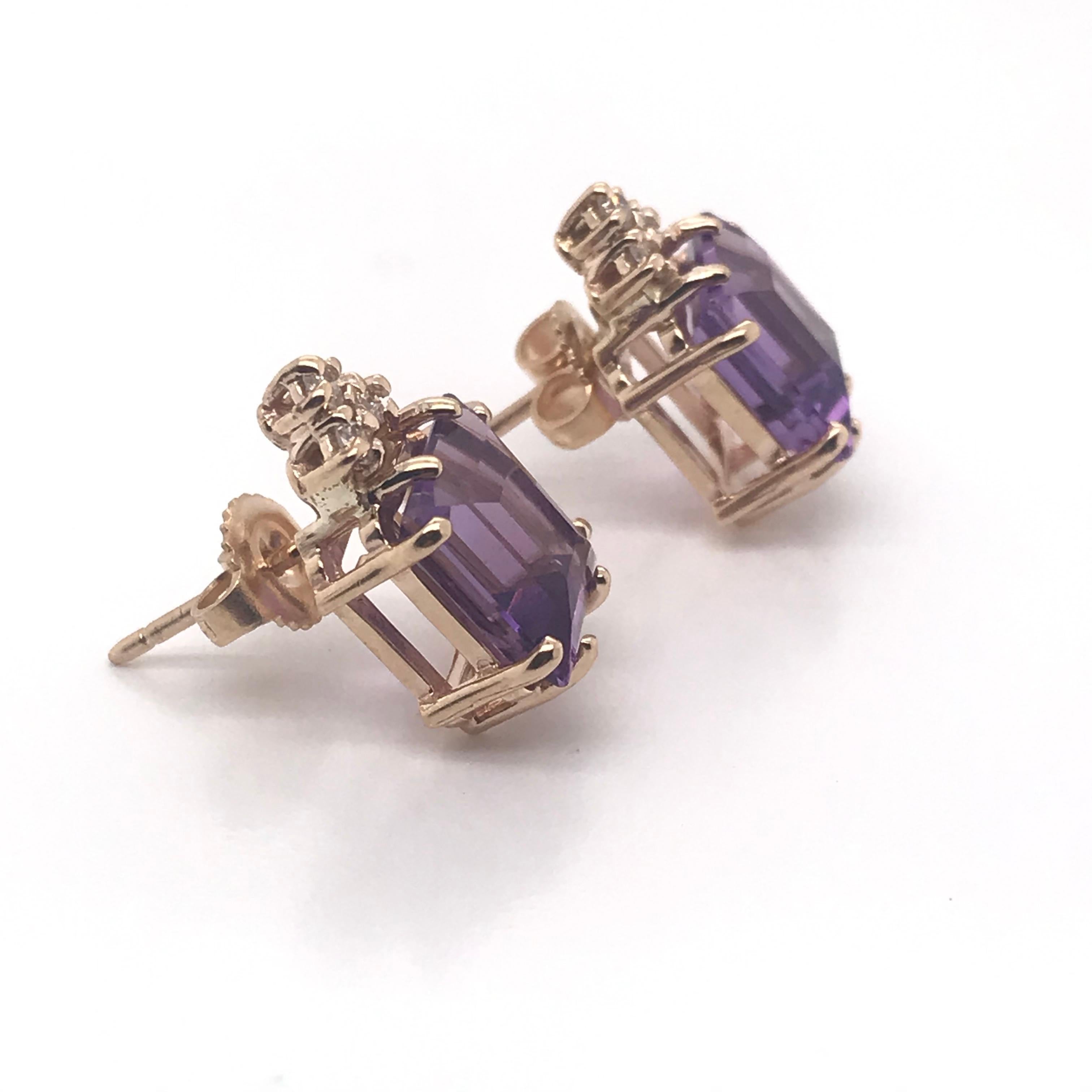 Emerald Cut Amethyst and Diamond Stud Earrings 14 Karat Yellow Gold