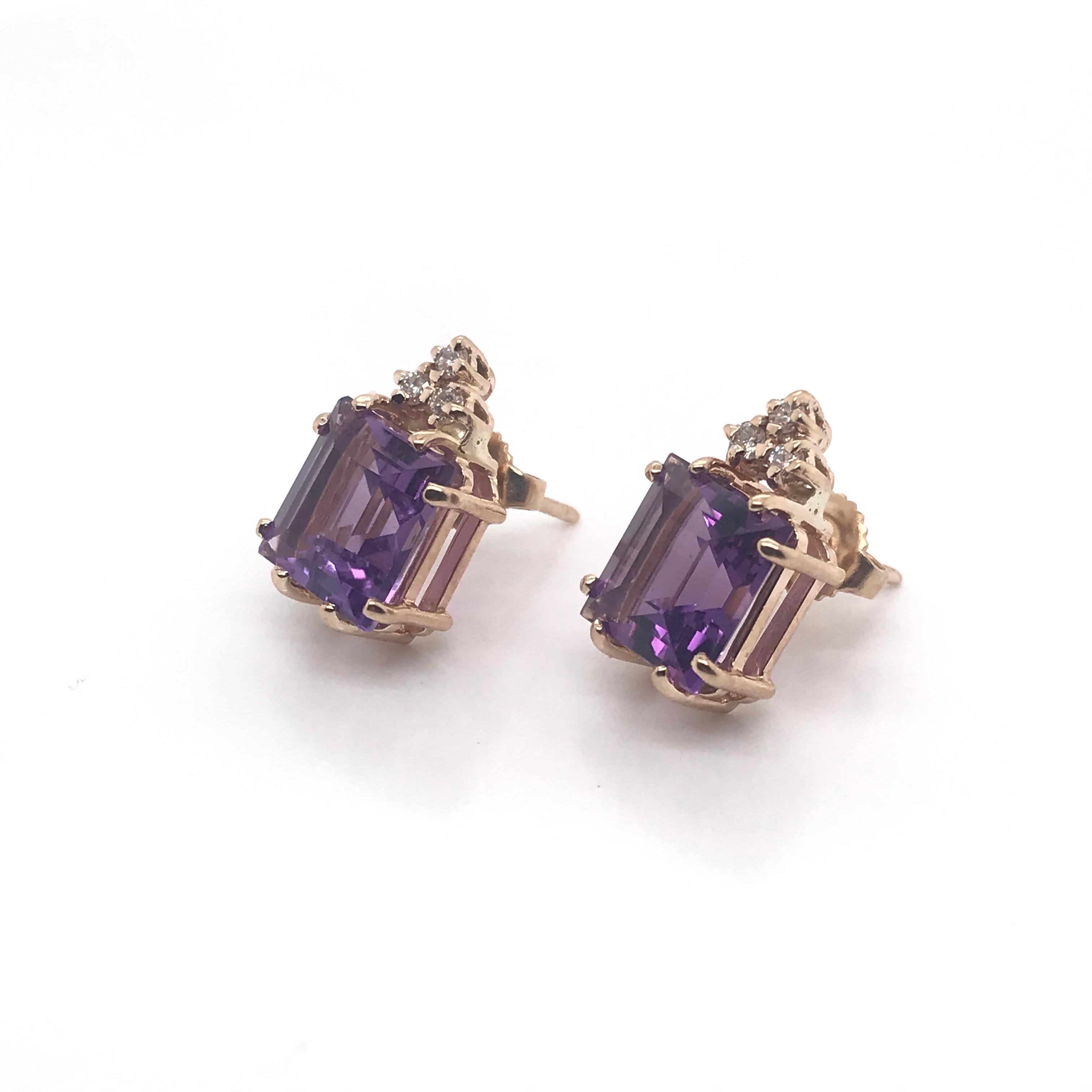 Amethyst and Diamond Stud Earrings 14 Karat Yellow Gold In Good Condition In Montgomery, AL