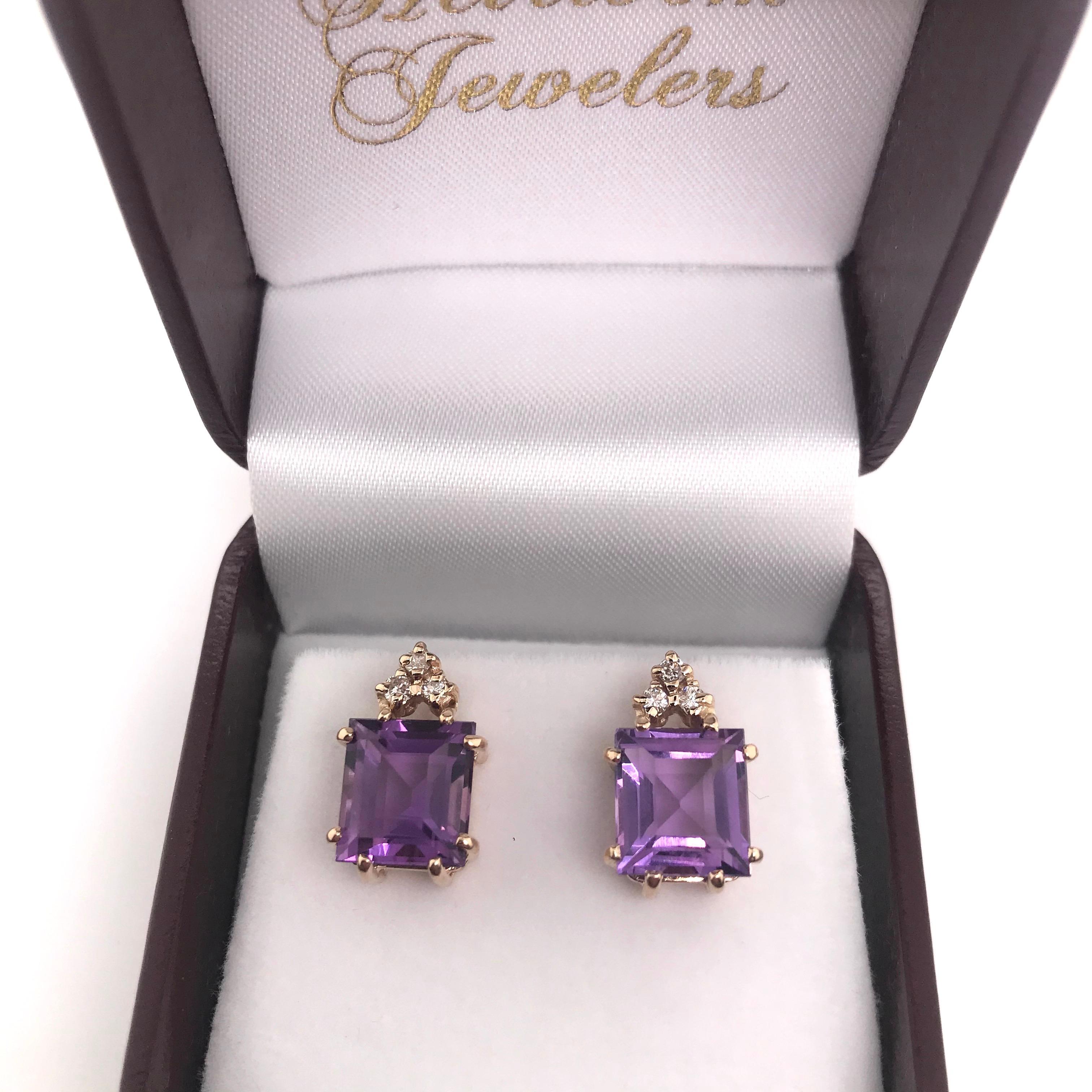 Women's Amethyst and Diamond Stud Earrings 14 Karat Yellow Gold