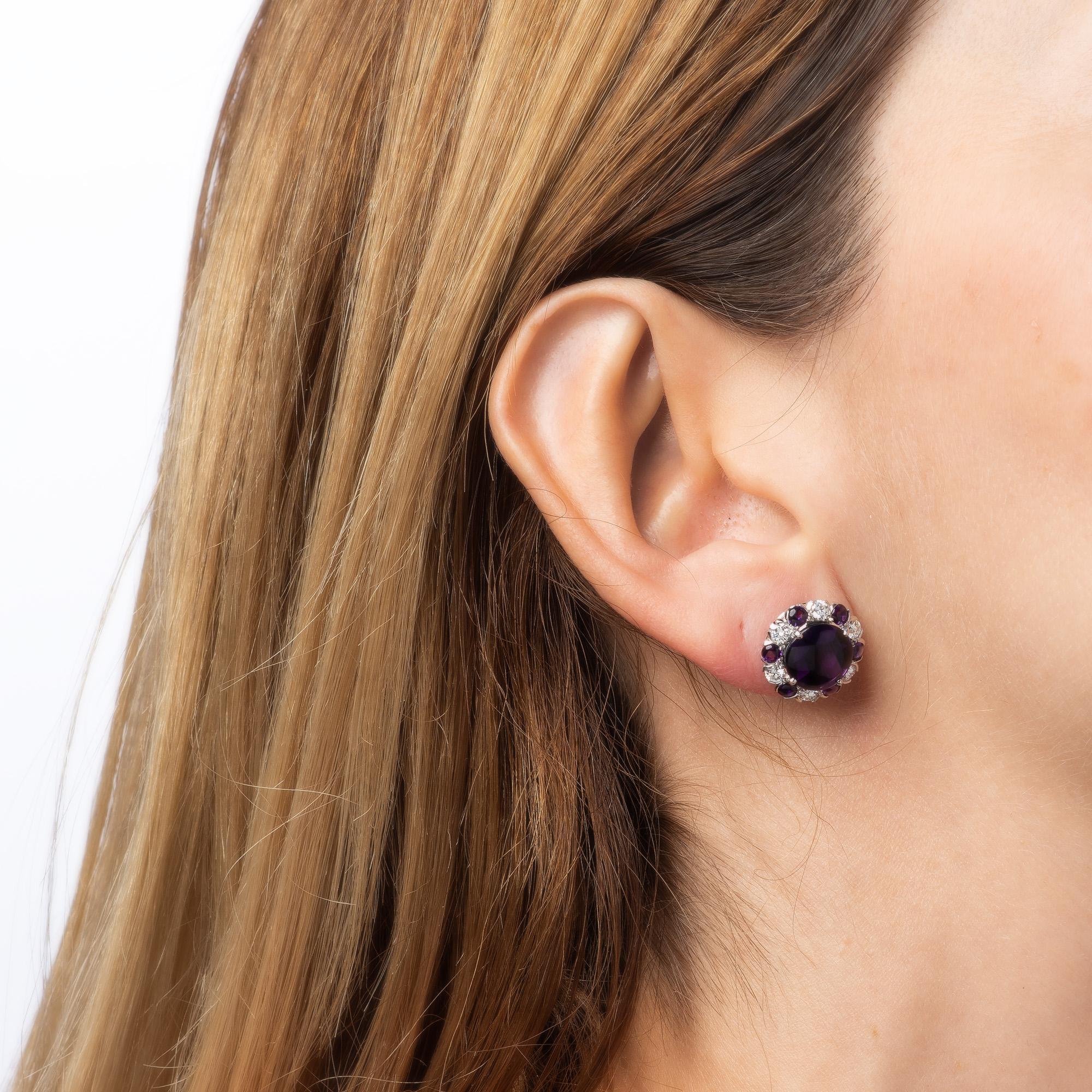 Modern Amethyst Diamond Stud Earrings Vintage Platinum Round Fine Estate Jewelry For Sale