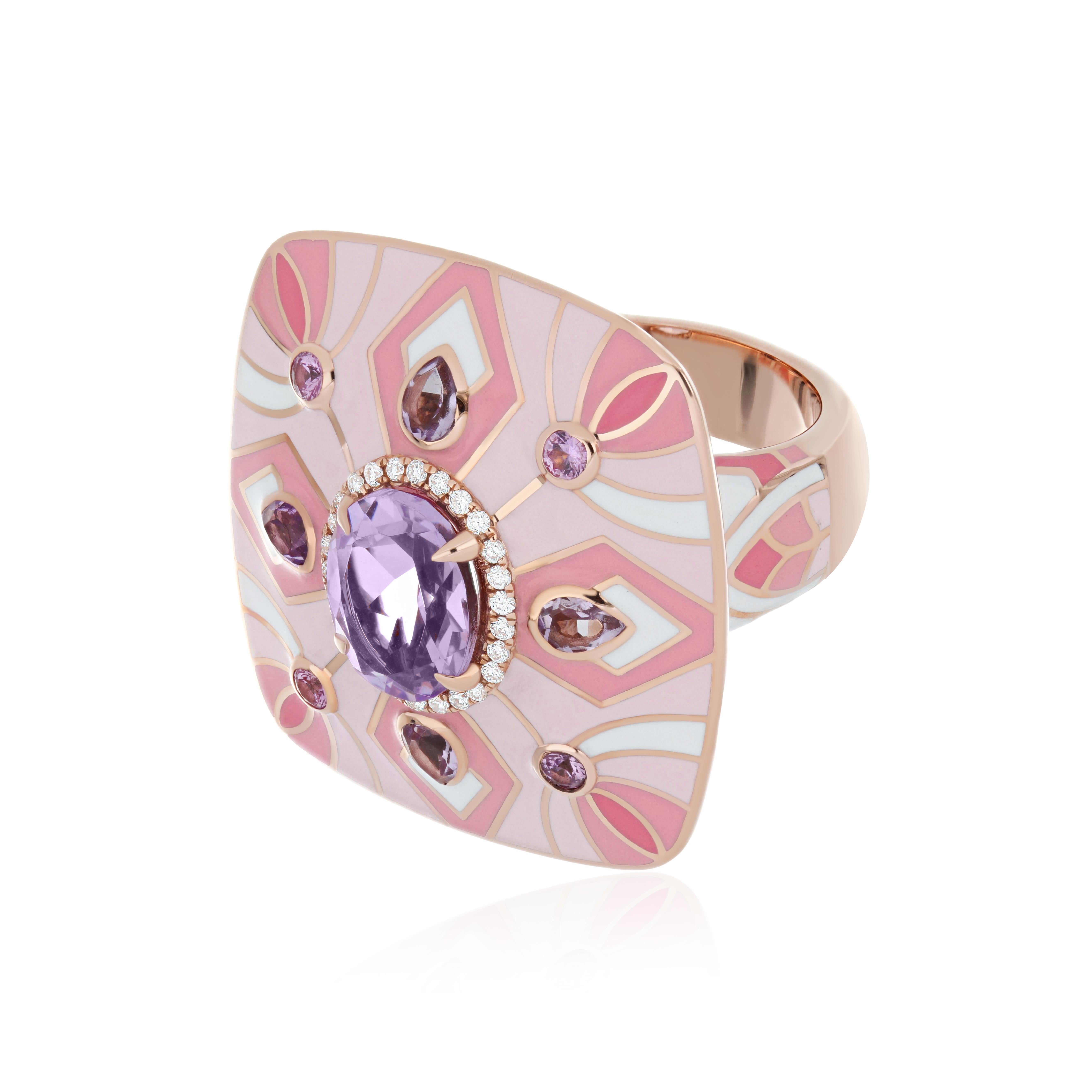 Elegant and Exquisitely detailed 14 karat Roes Gold Ring, with 2.85Cts (approx. total) Amethyst in beautiful bezel setting and Surrounded by Enamel, and Micro pave Diamonds, weighing approx. 0.15 CT's. (approx.) total carat weight to further enhance