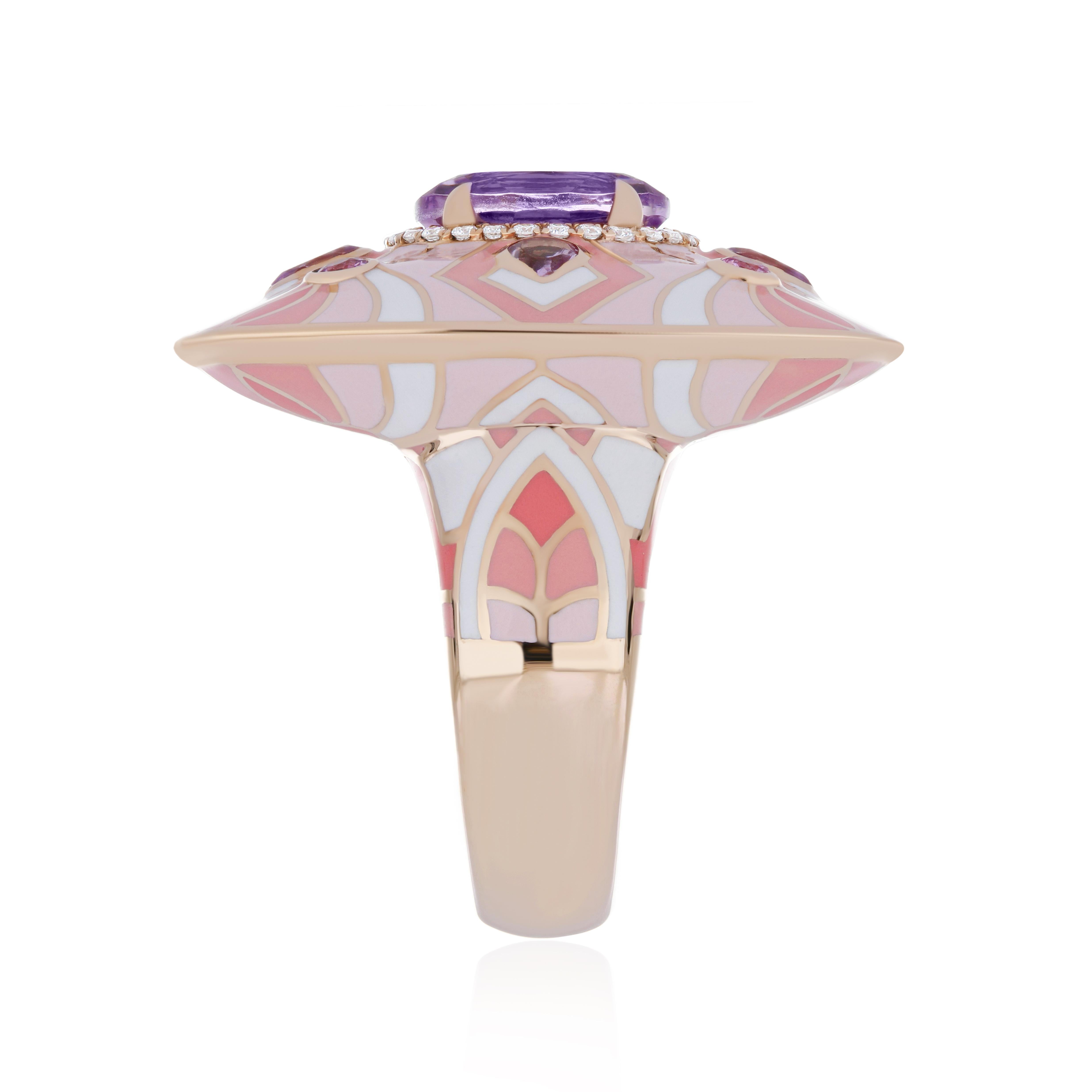 Oval Cut Amethyst & Diamond Studded Ring with Enamel in 14k Rose Gold For Sale