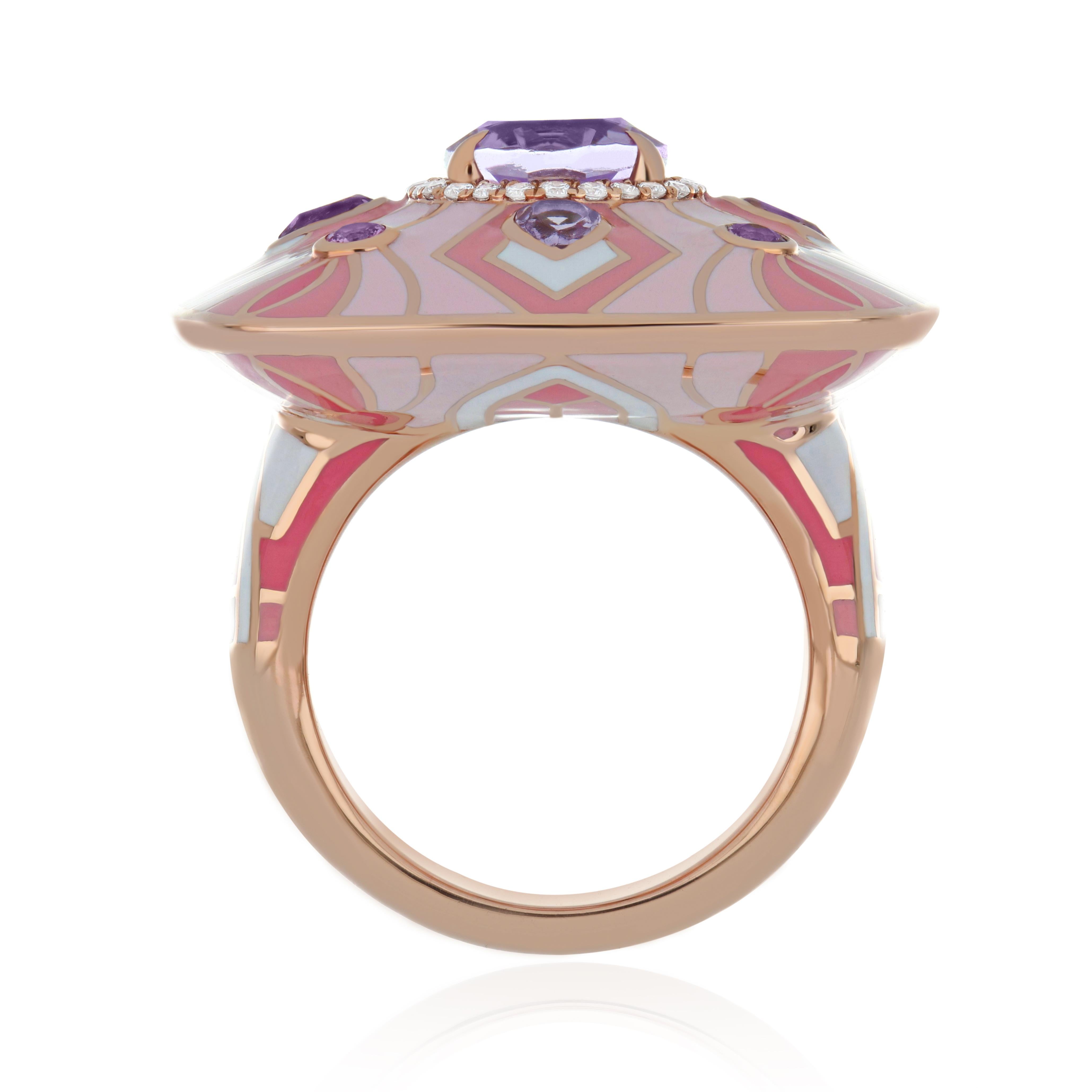 Women's Amethyst & Diamond Studded Ring with Enamel in 14k Rose Gold  For Sale