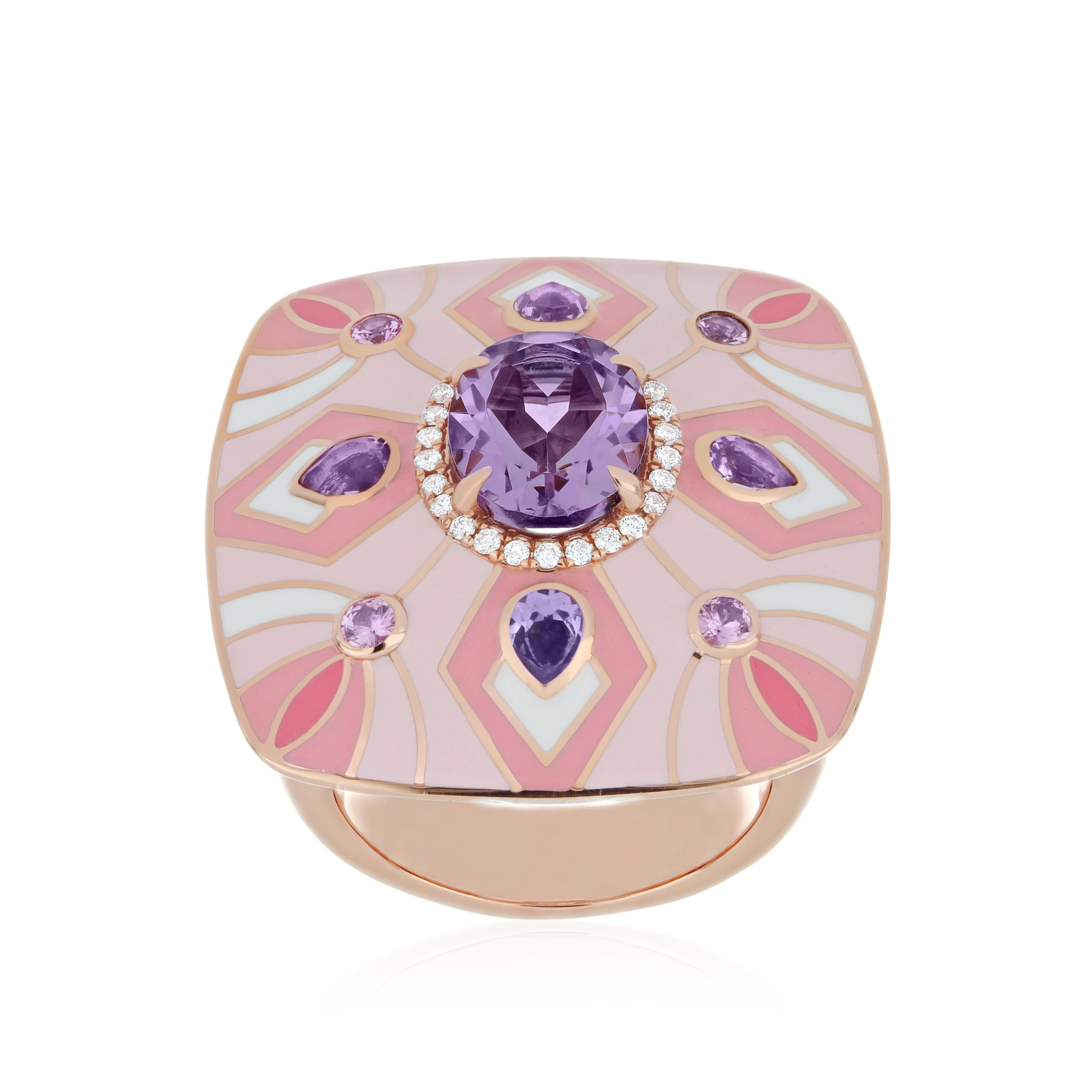Amethyst & Diamond Studded Ring with Enamel in 14k Rose Gold For Sale 4