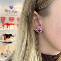 Cushion Amethyst and Diamond Halo Studs, 14K White Gold, February Birthstone
