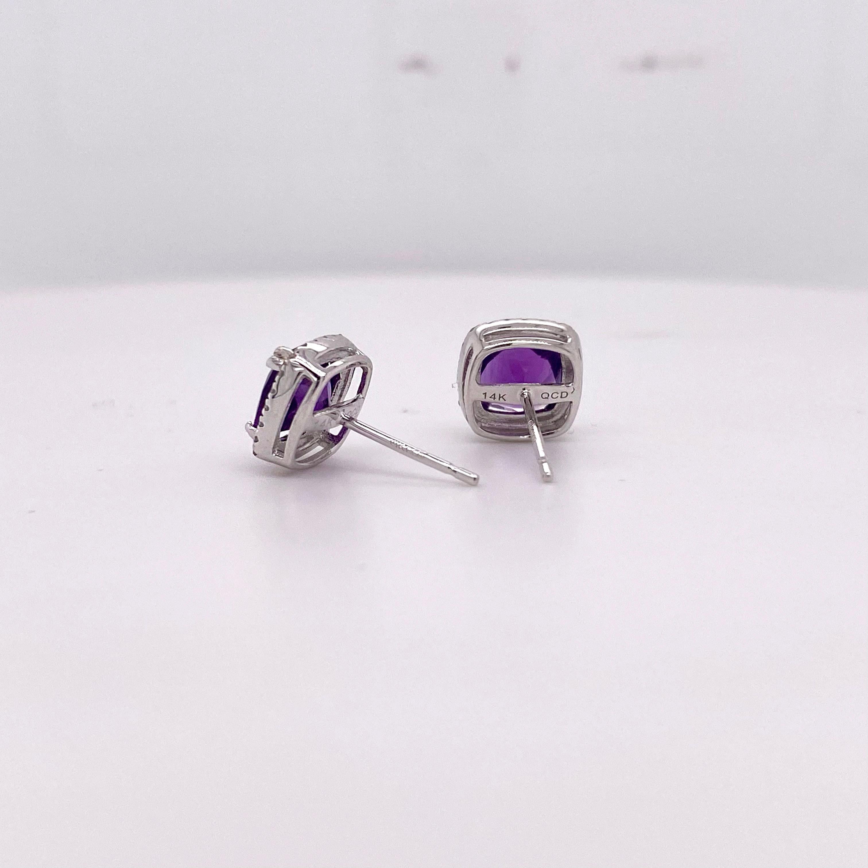 Modern Amethyst Diamond Studs Earrings, Halo of Diamonds, White Gold, Cushion Amethyst For Sale