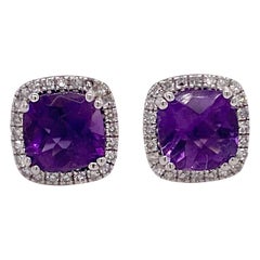 Amethyst Diamond Studs Earrings, Halo of Diamonds, White Gold, Cushion Amethyst