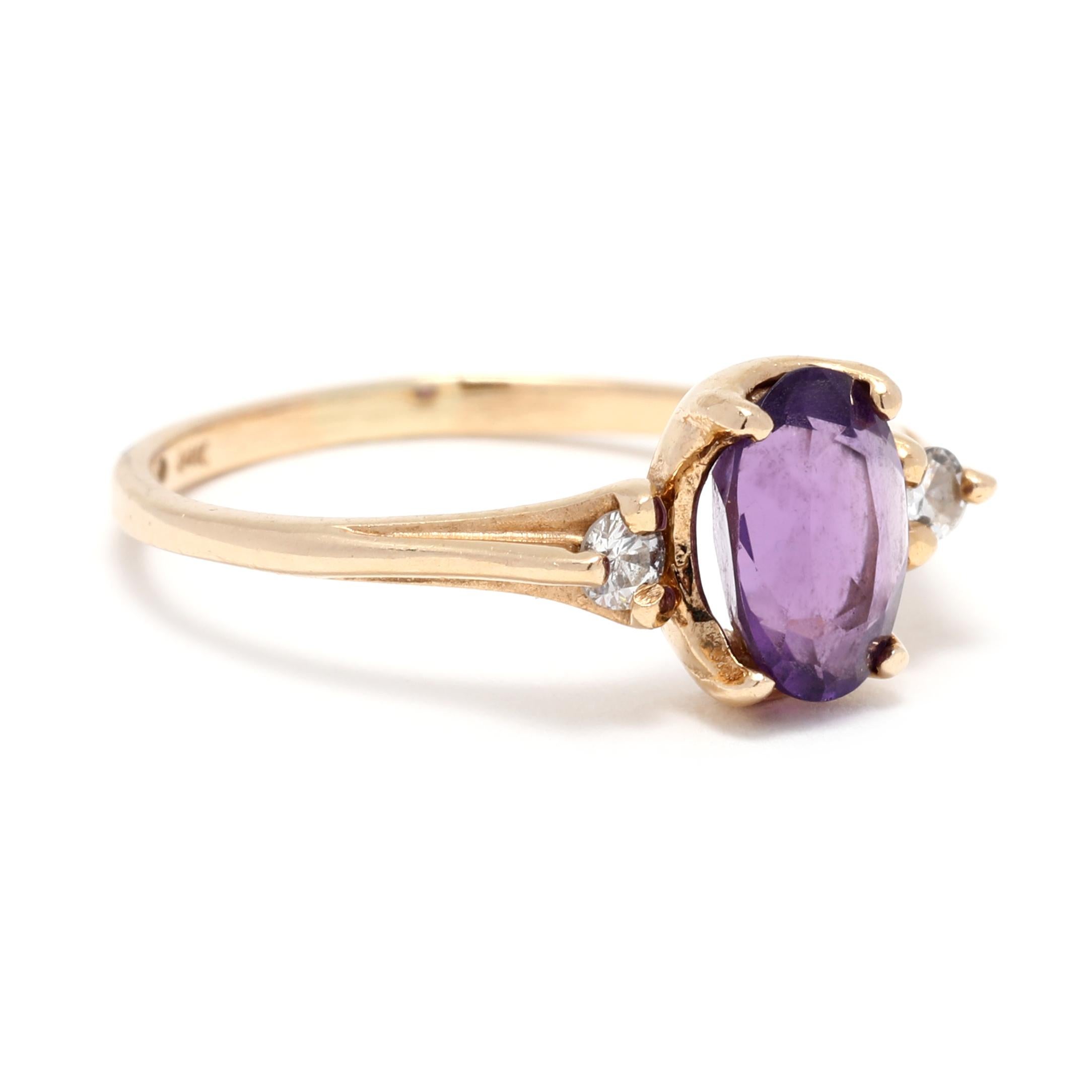 This romantic 0.76ctw Amethyst Diamond Three Stone Ring will make a unique, beautiful addition to your jewelry collection. Expertly crafted from 14K Yellow Gold, this exquisite ring features a stunning oval Amethyst center stone flanked by two