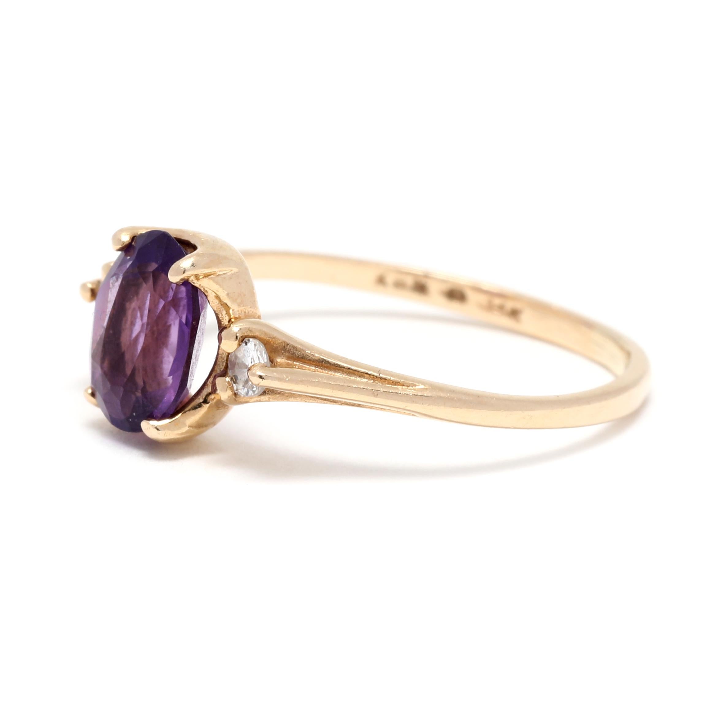 Oval Cut Amethyst Diamond Three Stone Ring, 14k Yellow Gold, Ring February For Sale