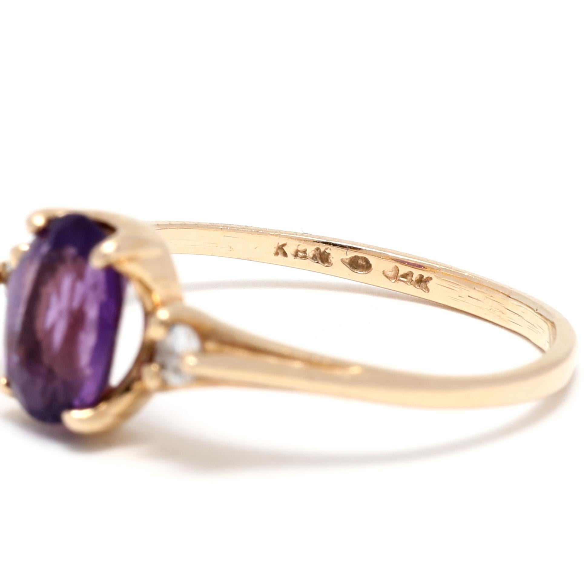 Amethyst Diamond Three Stone Ring, 14k Yellow Gold, Ring February In Good Condition For Sale In McLeansville, NC