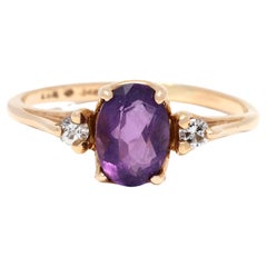 Vintage Amethyst Diamond Three Stone Ring, 14k Yellow Gold, Ring February