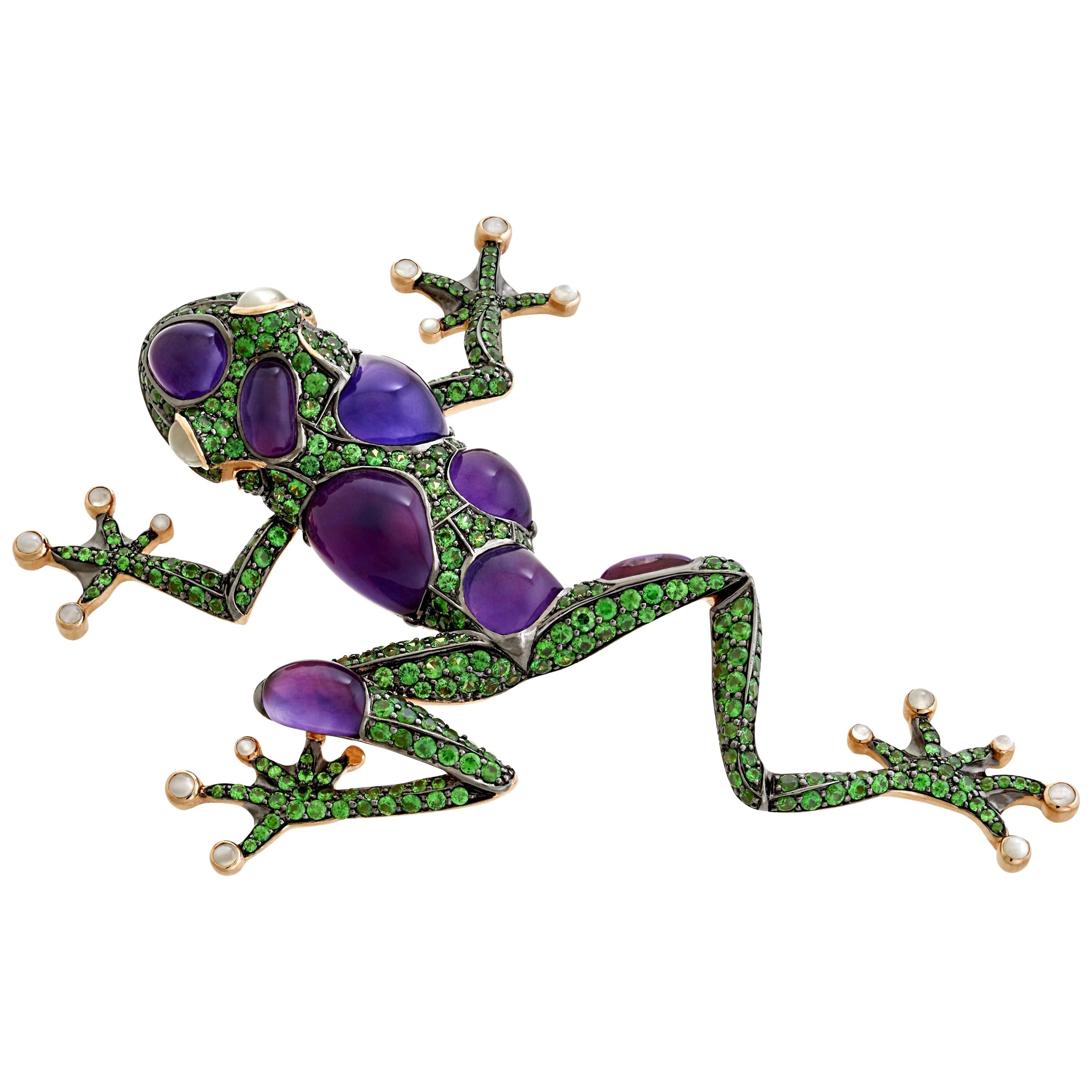 Amethyst Catseye Tsavorite 18 Karat White Gold Statement Funny Frog Brooch For Sale