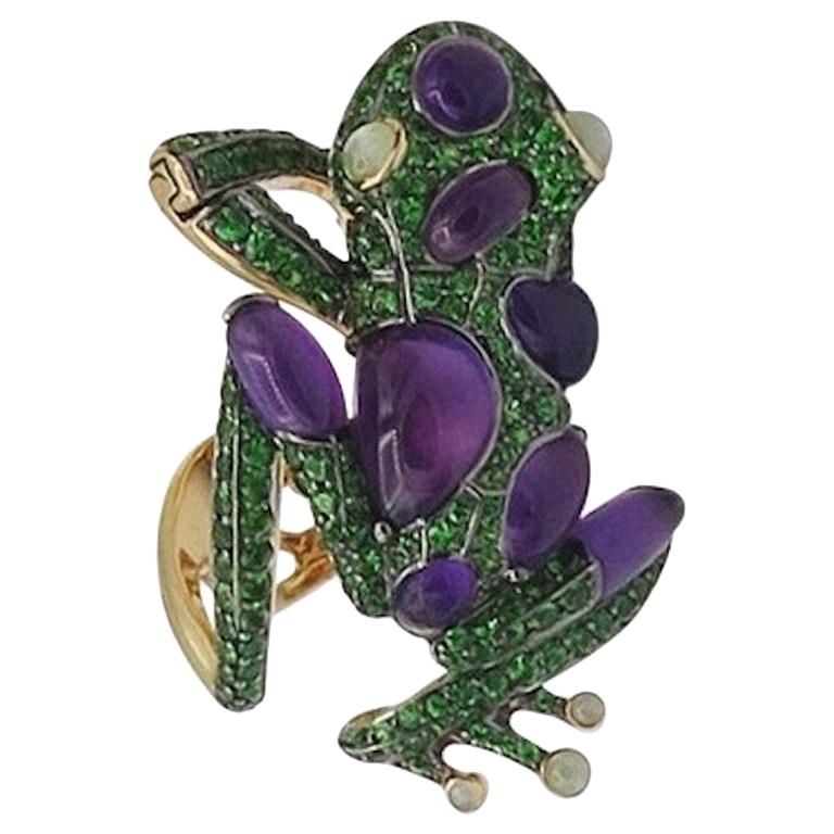 Amethyst Diamond Tsavorite 18 Karat White Gold Statement Funny Frog Ring For Sale