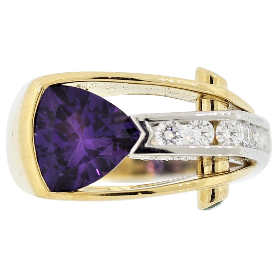 Anillo Amatista Diamante Tsavorita Oro y Platino