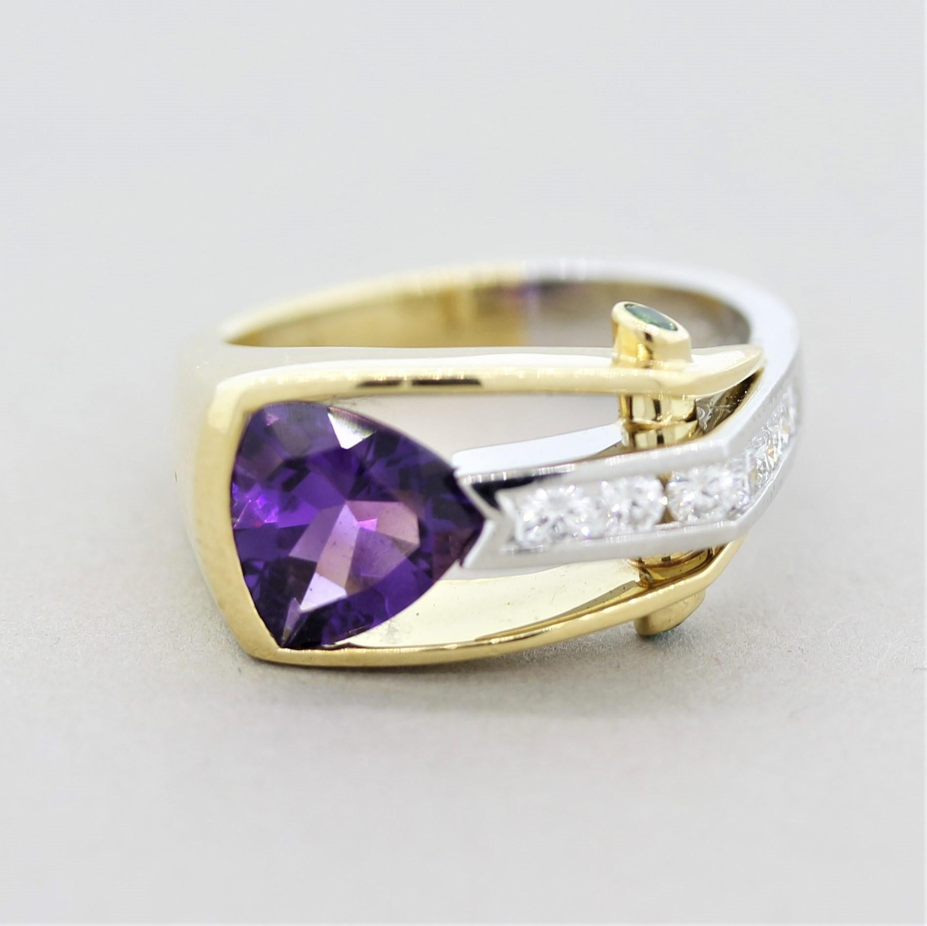 A superb ring in its quality. It features a 1.43 carat trillion-cut amethyst along with 0.28 carats of round brilliant-cut diamonds. They are accented by 2 round bright green tsavorites on the sides. Made in both 18k yellow gold and platinum, an