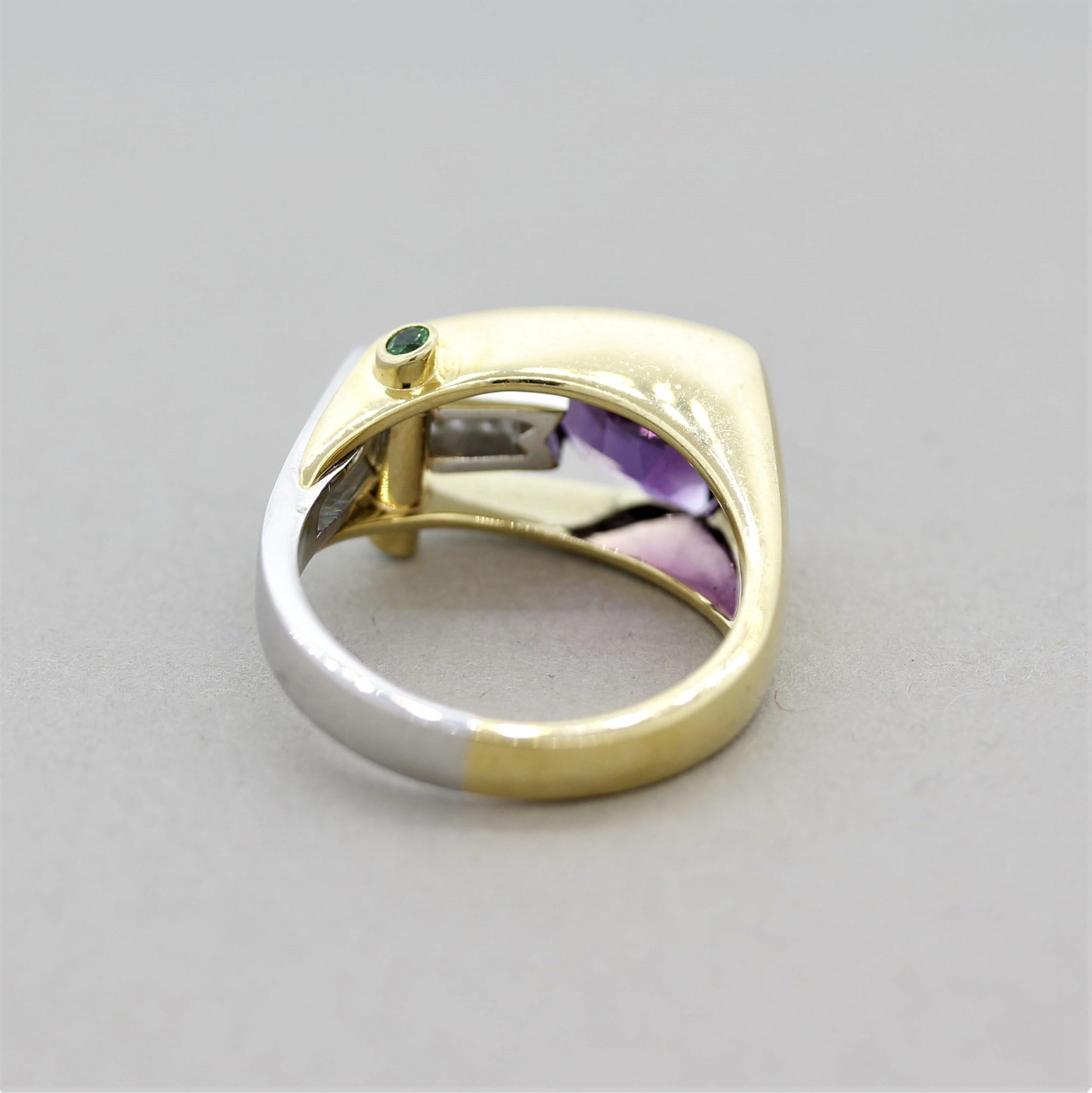 Mixed Cut Amethyst Diamond Tsavorite Gold and Platinum Ring For Sale