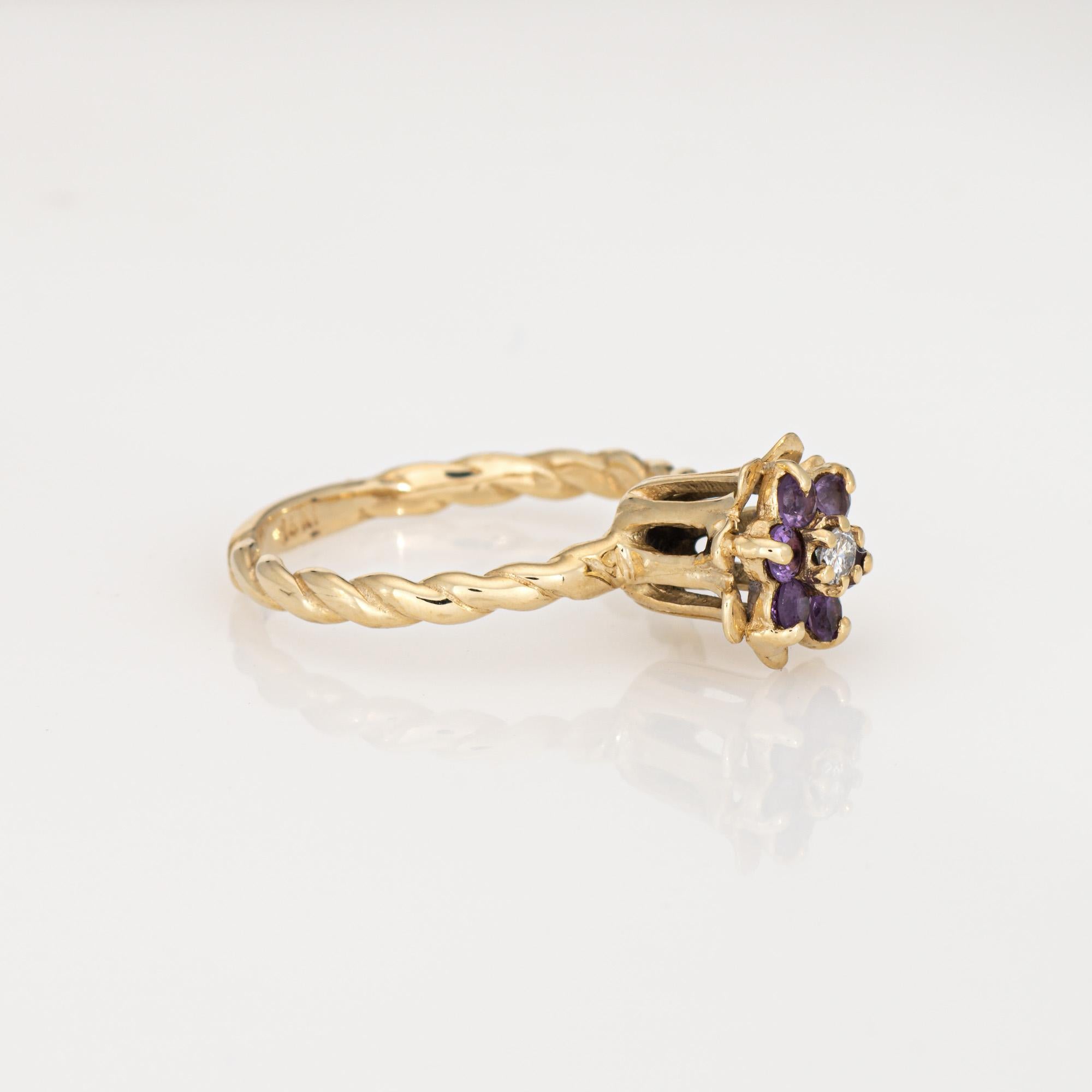 Moderno Anello a tulipano con ametista e diamanti Sz 5.5 Vintage in oro giallo 14k Gioielli a fascia impilabili in vendita