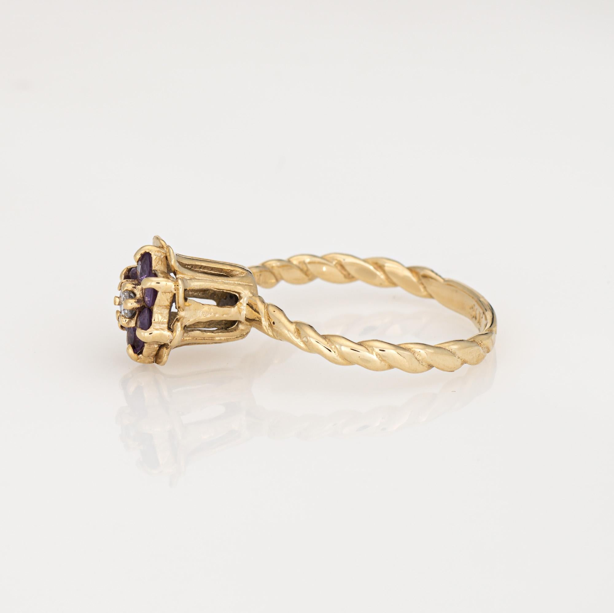 Taglio rotondo Anello a tulipano con ametista e diamanti Sz 5.5 Vintage in oro giallo 14k Gioielli a fascia impilabili in vendita