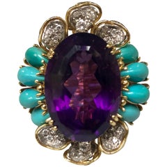 Amethyst Diamond Turquoise Cocktail Ring in Yellow Gold, 1980s Amethyst Diamond Turquoise Cocktail Ring in Yellow Gold, 1980s