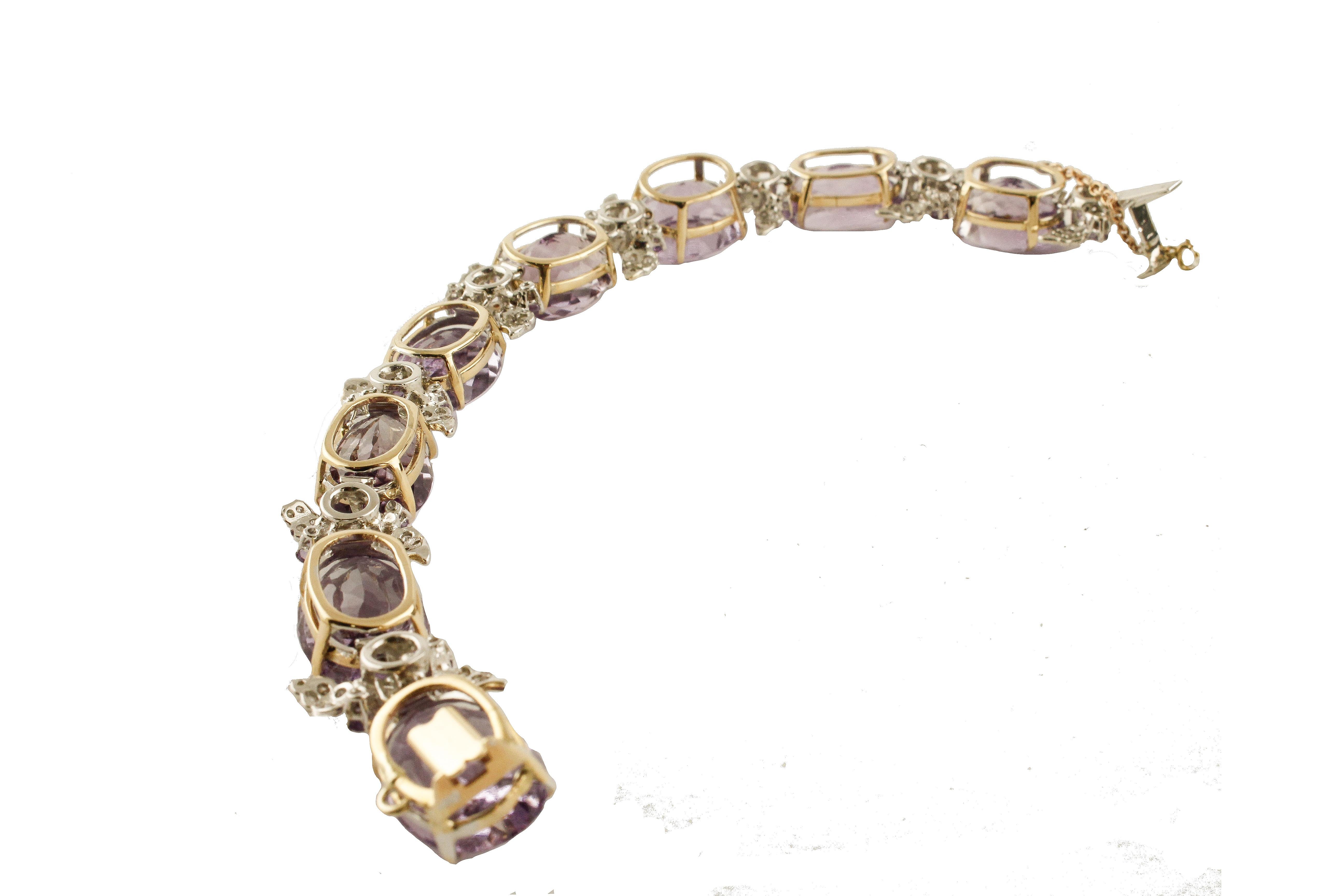Brilliant Cut Amethyst, Diamonds, 14 Karat White and Rose Gold Link Bracelet For Sale
