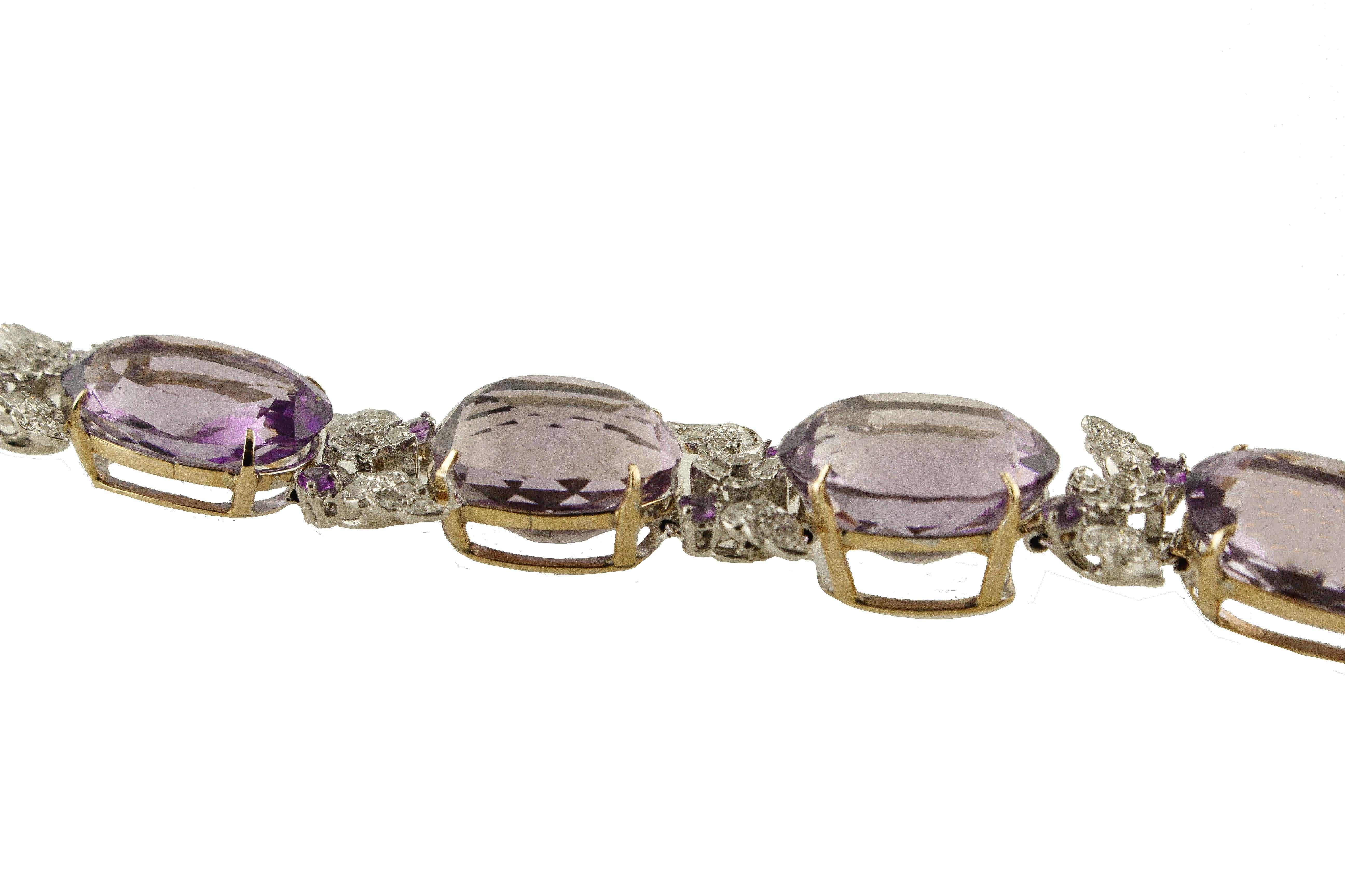 Pulsera de eslabones de amatista, diamantes y oro blanco y rosa de 14 quilates en Bueno Estado en Marcianise, Marcianise (CE)