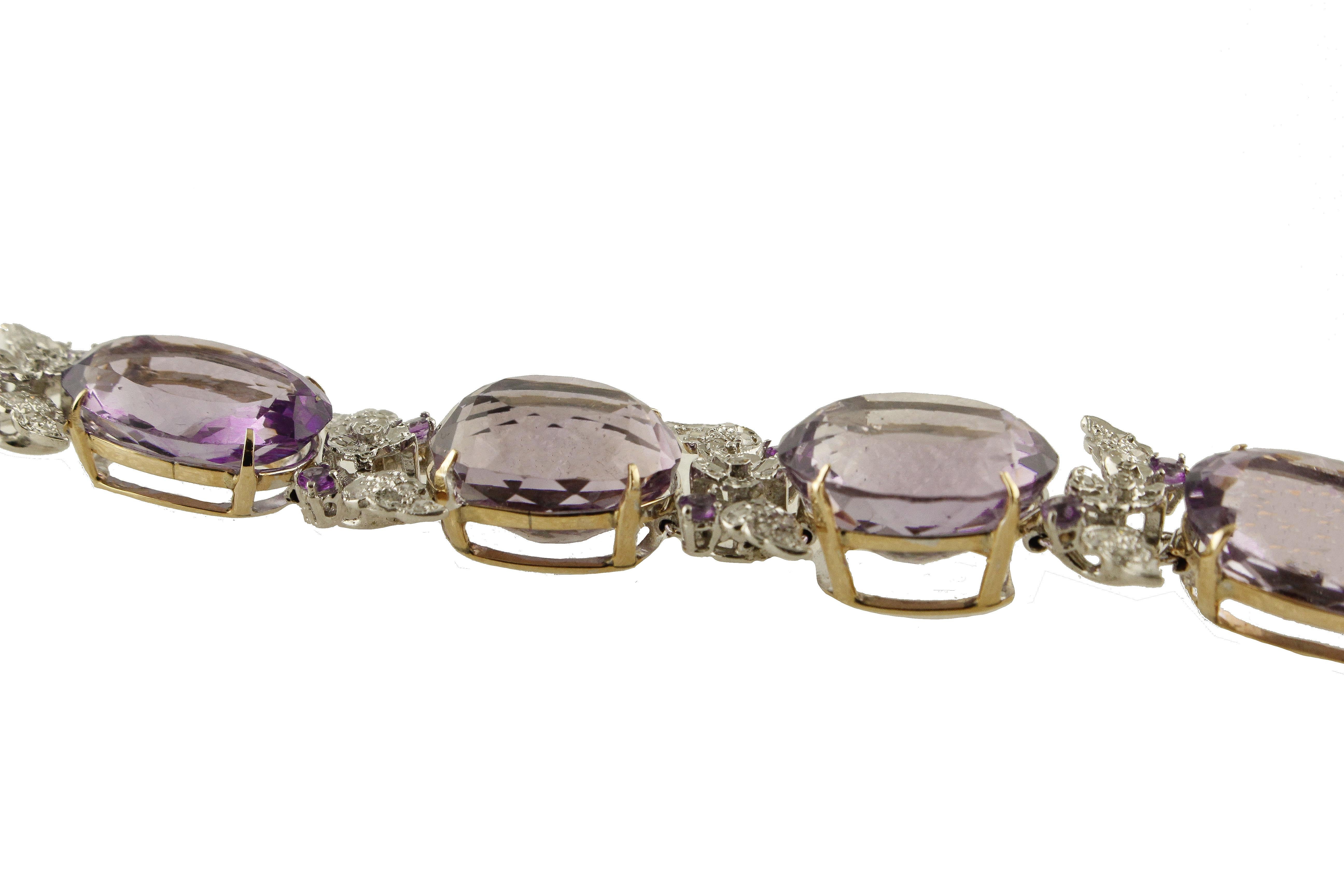 Amethyst, Diamonds, 14 Karat White and Rose Gold Link Bracelet In Good Condition For Sale In Marcianise, Marcianise (CE)