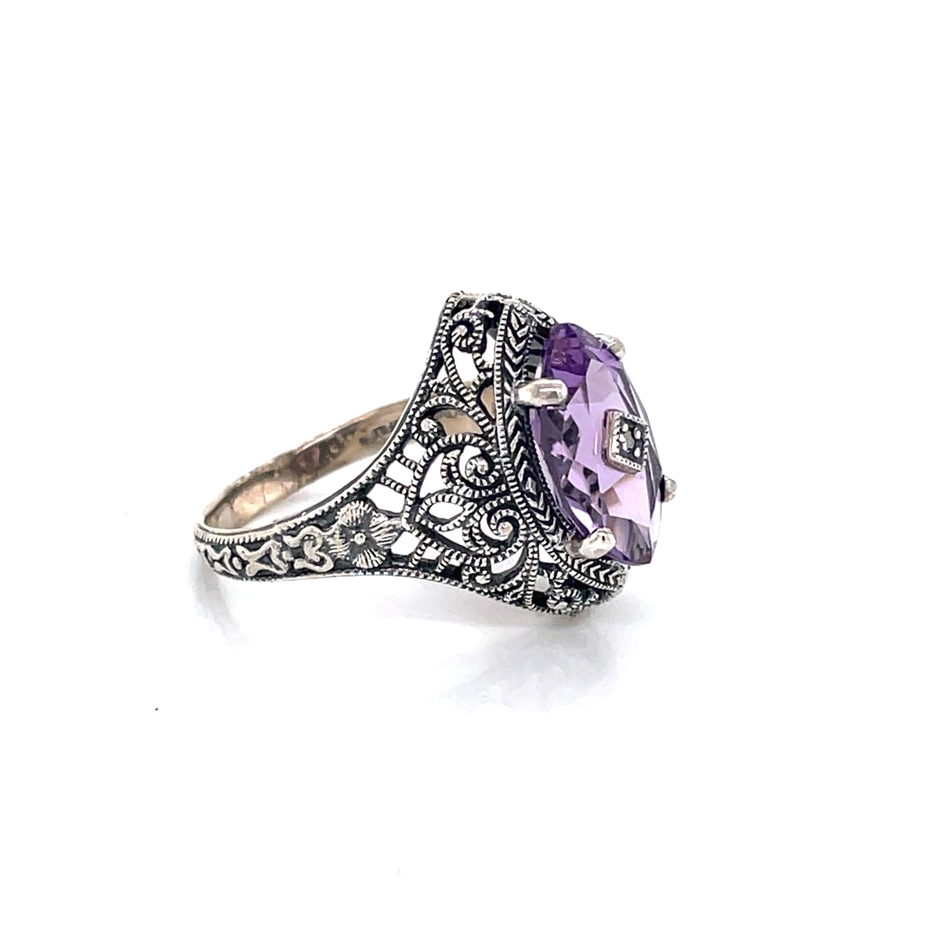 Oval Cut Amethyst Diamond Victorian Style Sterling Silver Filigree Ring w Diamond Accent