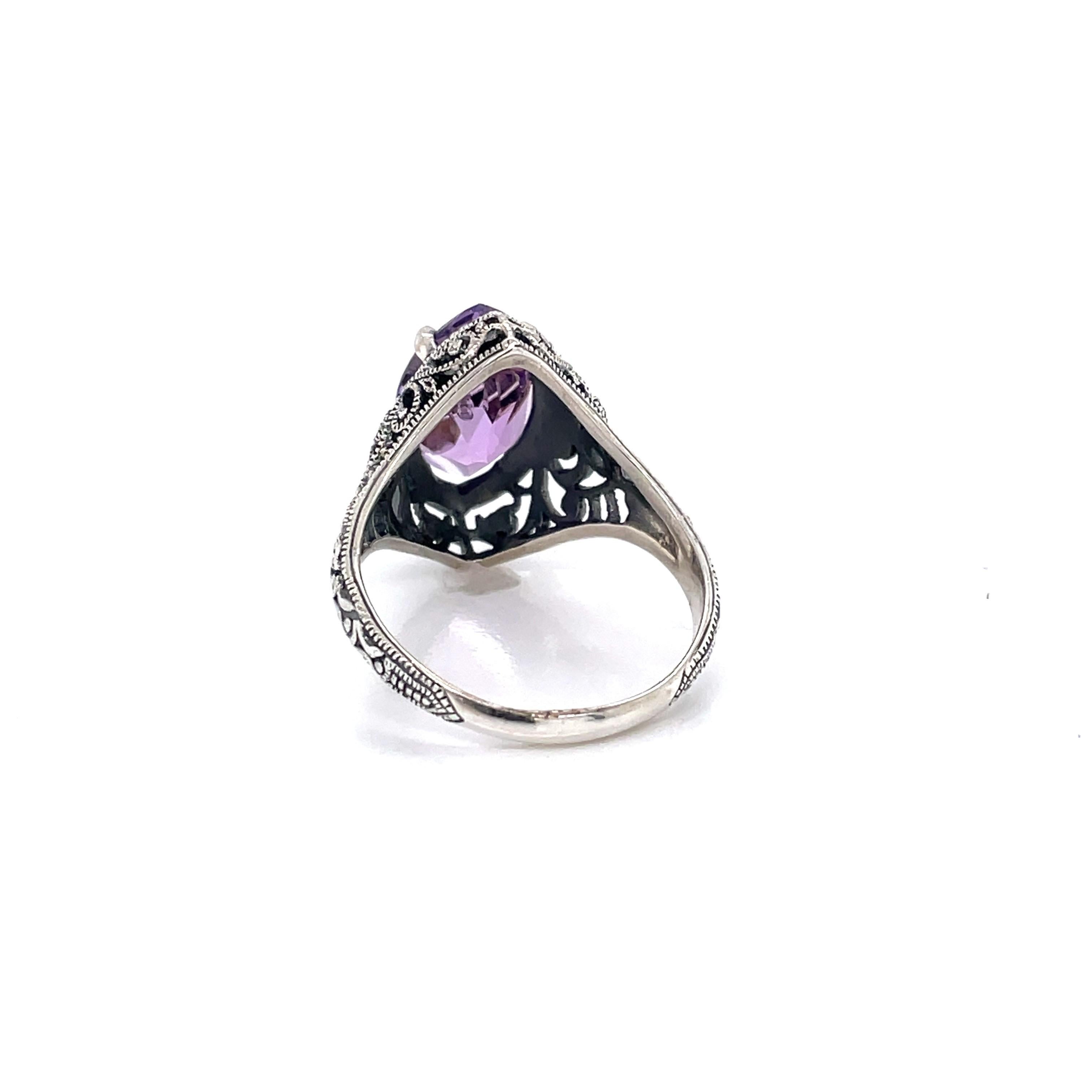 Amethyst Diamond Victorian Style Sterling Silver Filigree Ring w Diamond Accent In New Condition In Mount Kisco, NY
