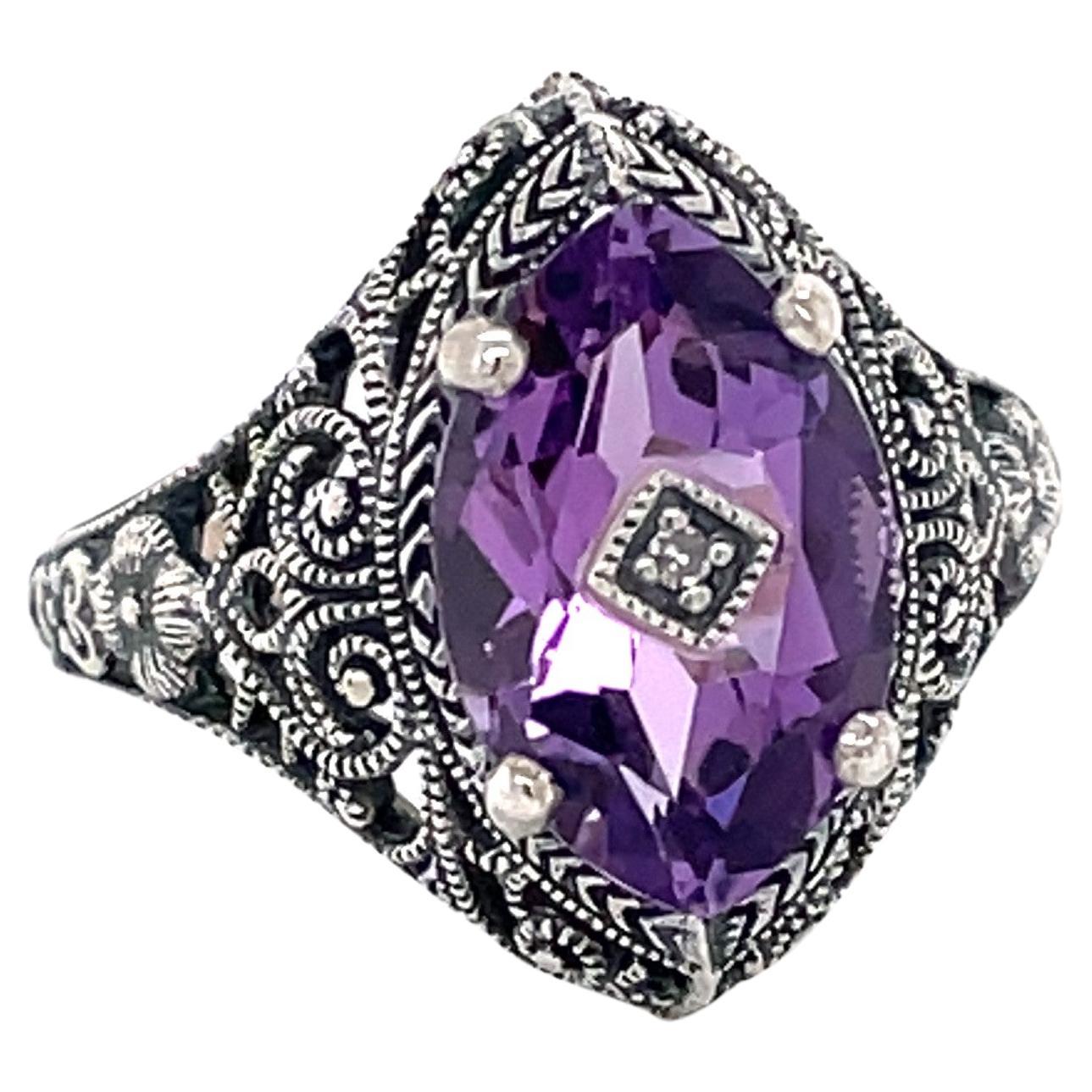 Amethyst Diamond Victorian Style Sterling Silver Filigree Ring w Diamond Accent