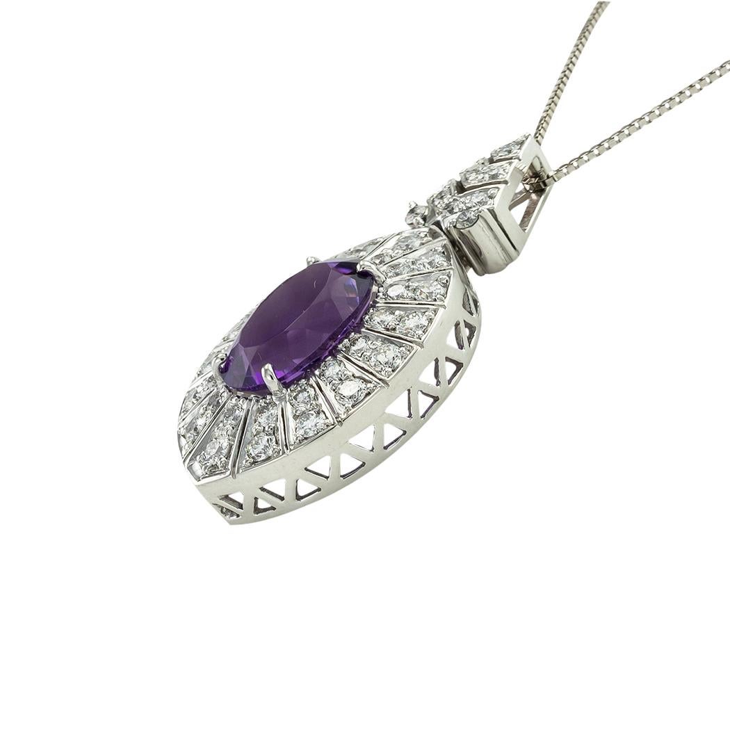 Oval Cut Amethyst Diamond White Gold Pendant Necklace For Sale