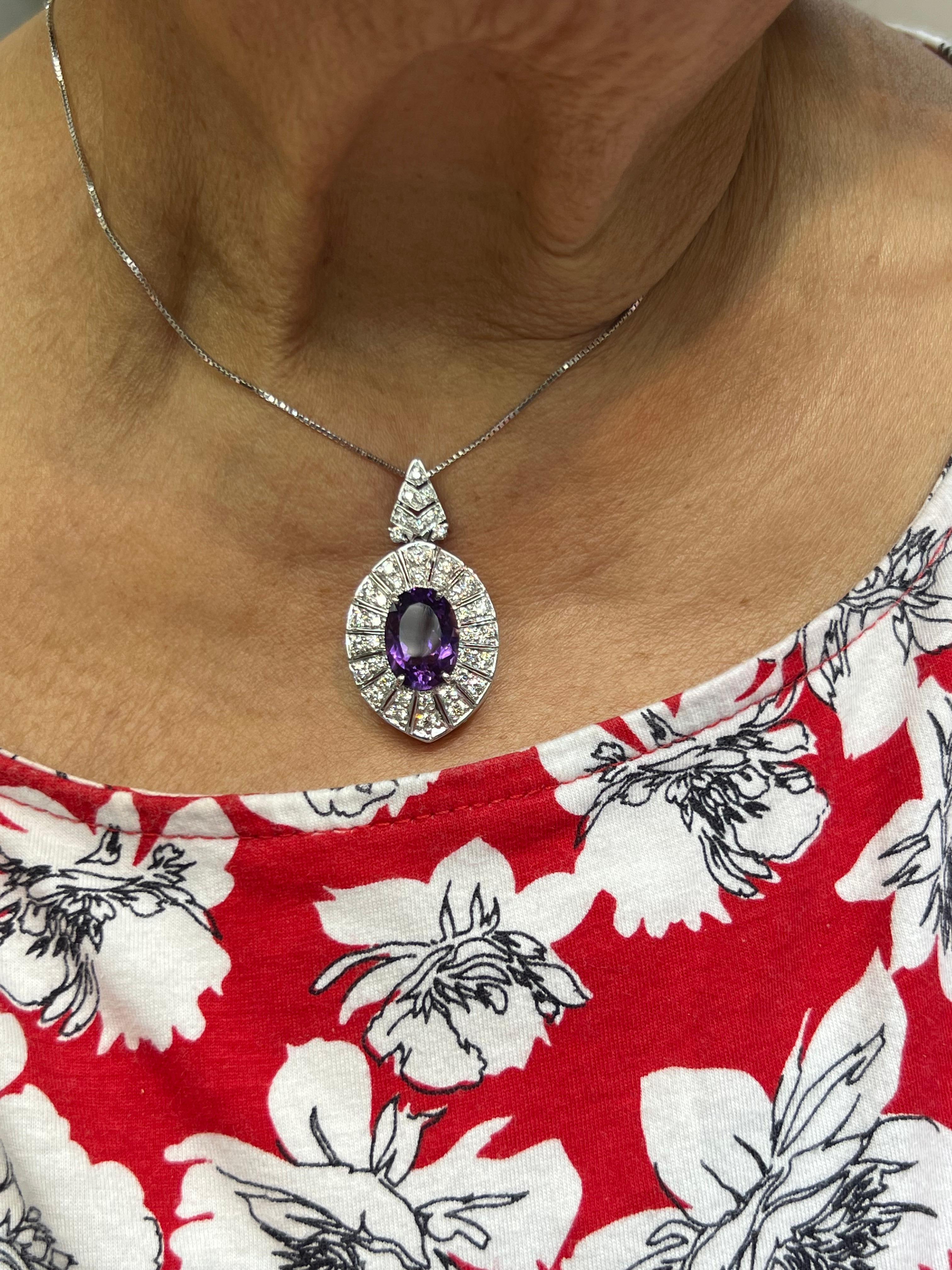 Women's Amethyst Diamond White Gold Pendant Necklace For Sale