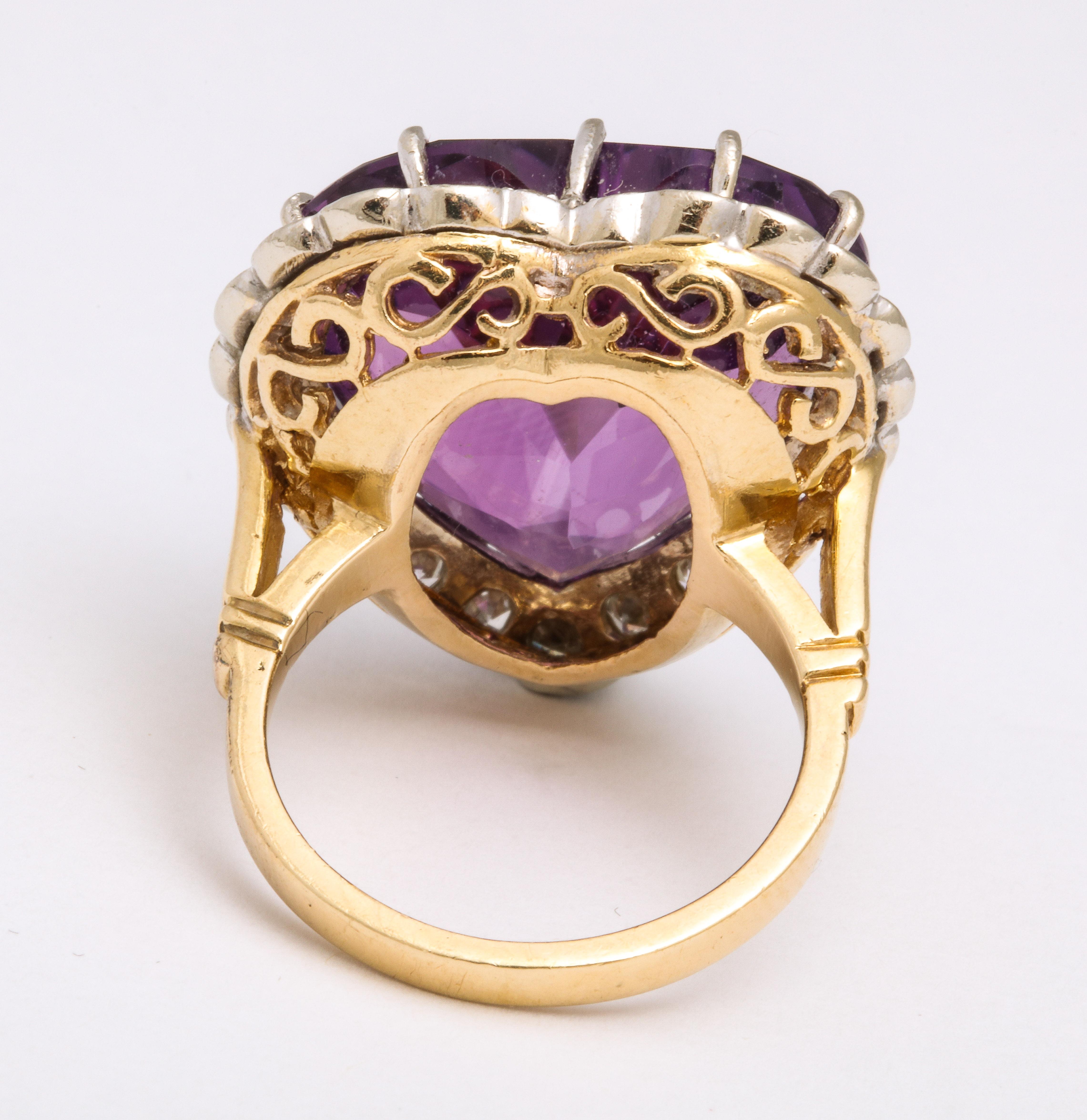 Women's Amethyst Diamond Yellow and White Gold Heart Ring For Sale