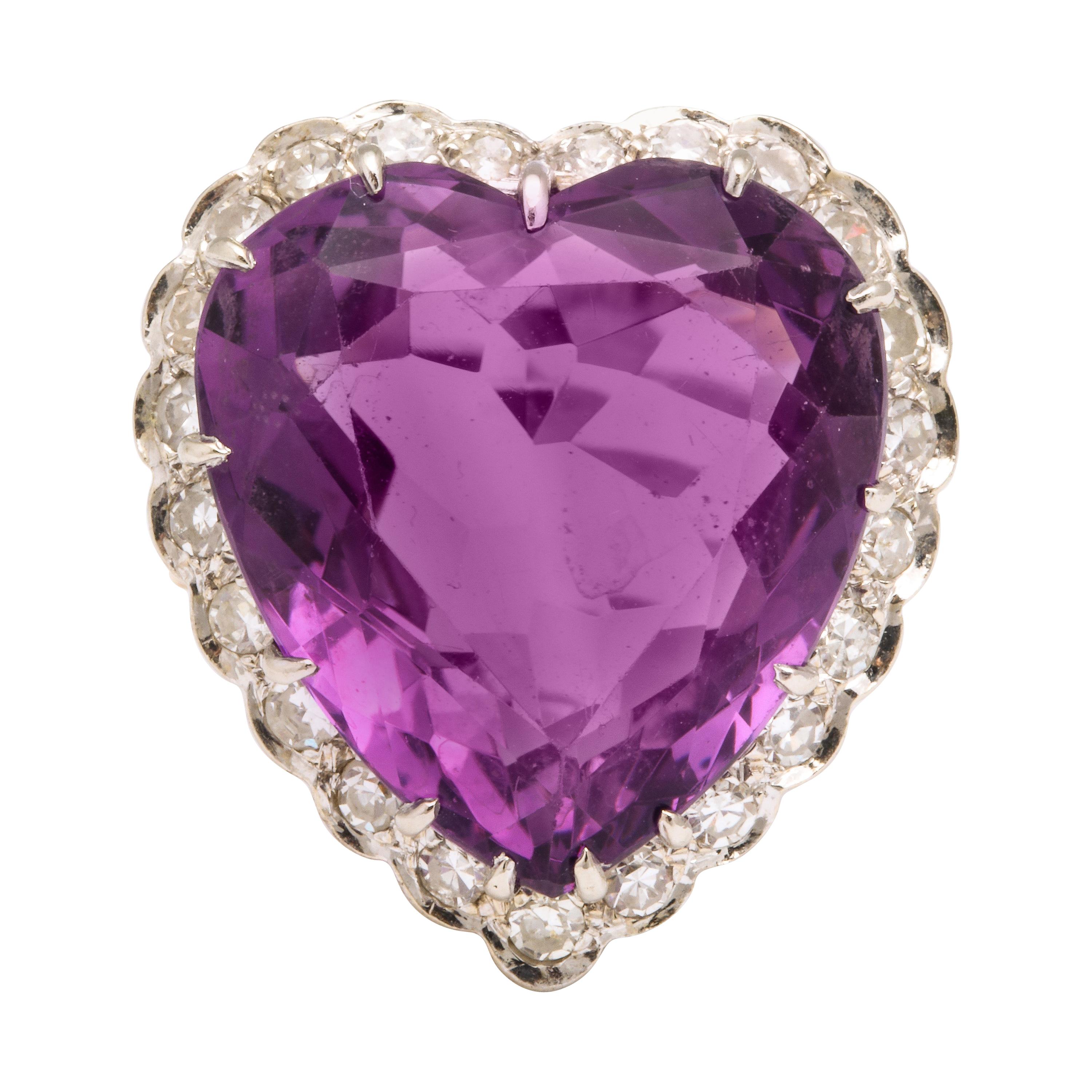 Amethyst Diamond Yellow and White Gold Heart Ring