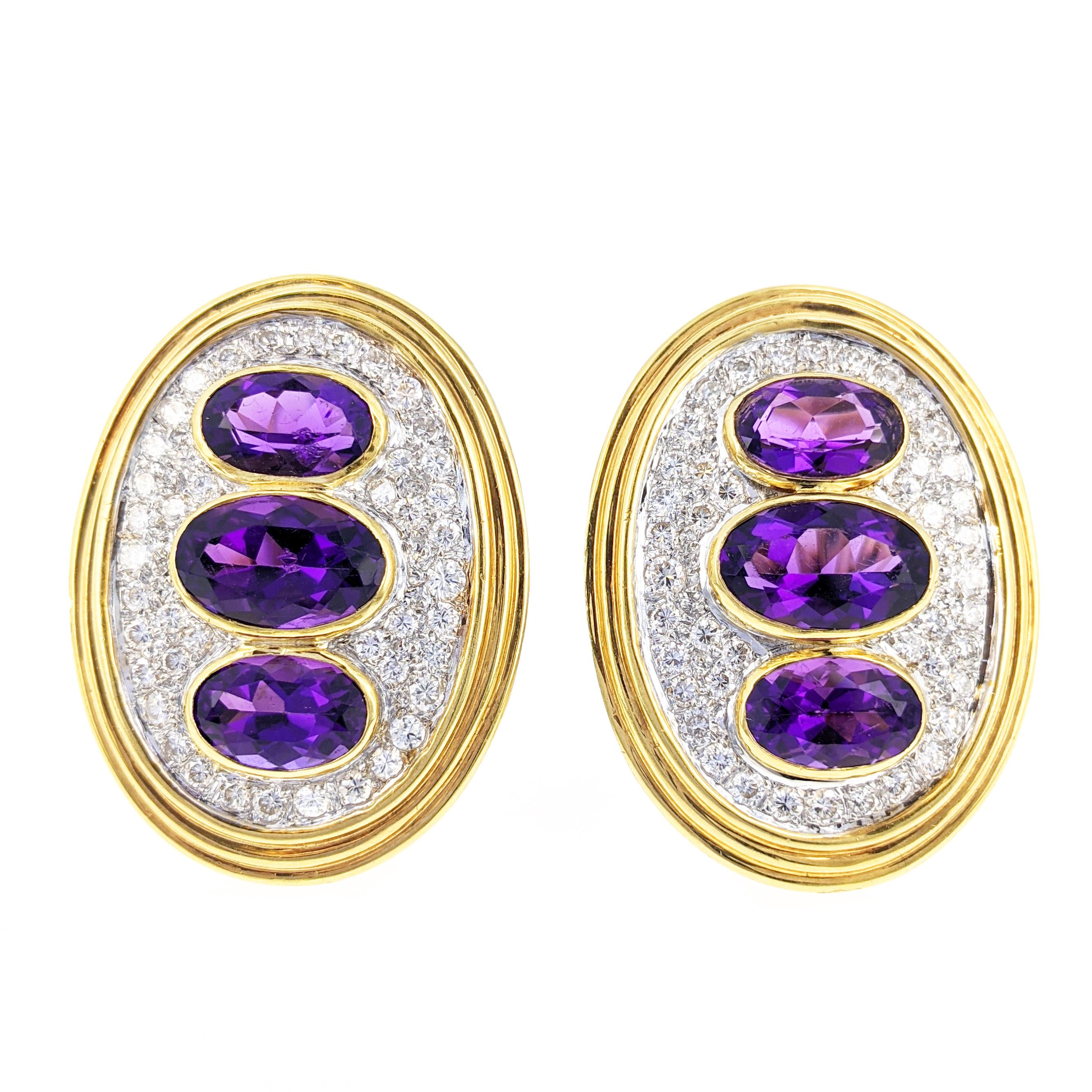 This pair of beautiful clip earrings features six oval-shaped purple amethysts that are well matched. They are richly saturated and contrast nicely with the yellow gold bezel setting. The amethysts are surrounded by pave-set round-cut diamonds