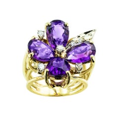 Amethyst Diamond Yellow Gold Cluster Ring
