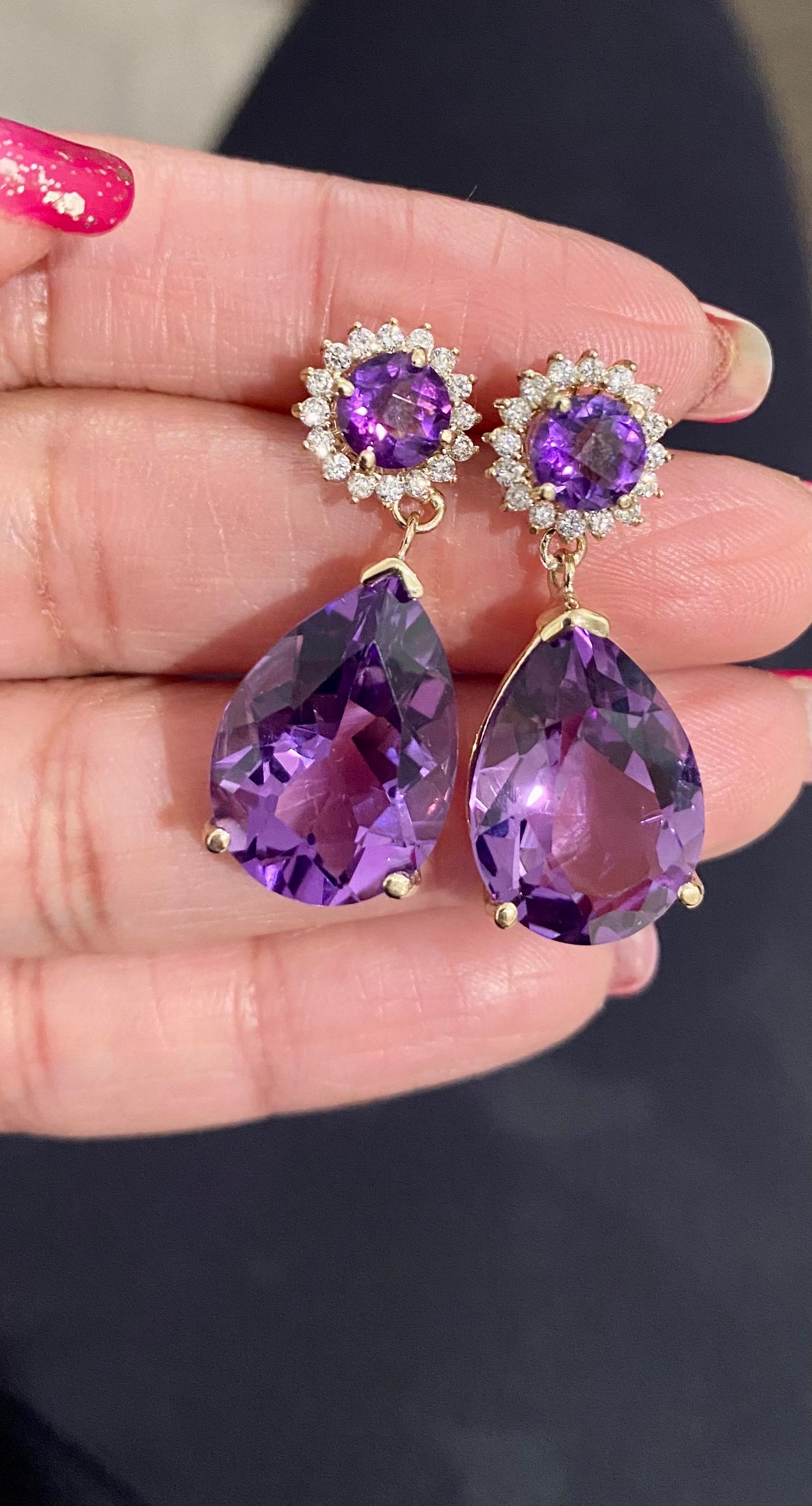 Amethyst Diamond Yellow Gold Drop Earrings In New Condition In Los Angeles, CA