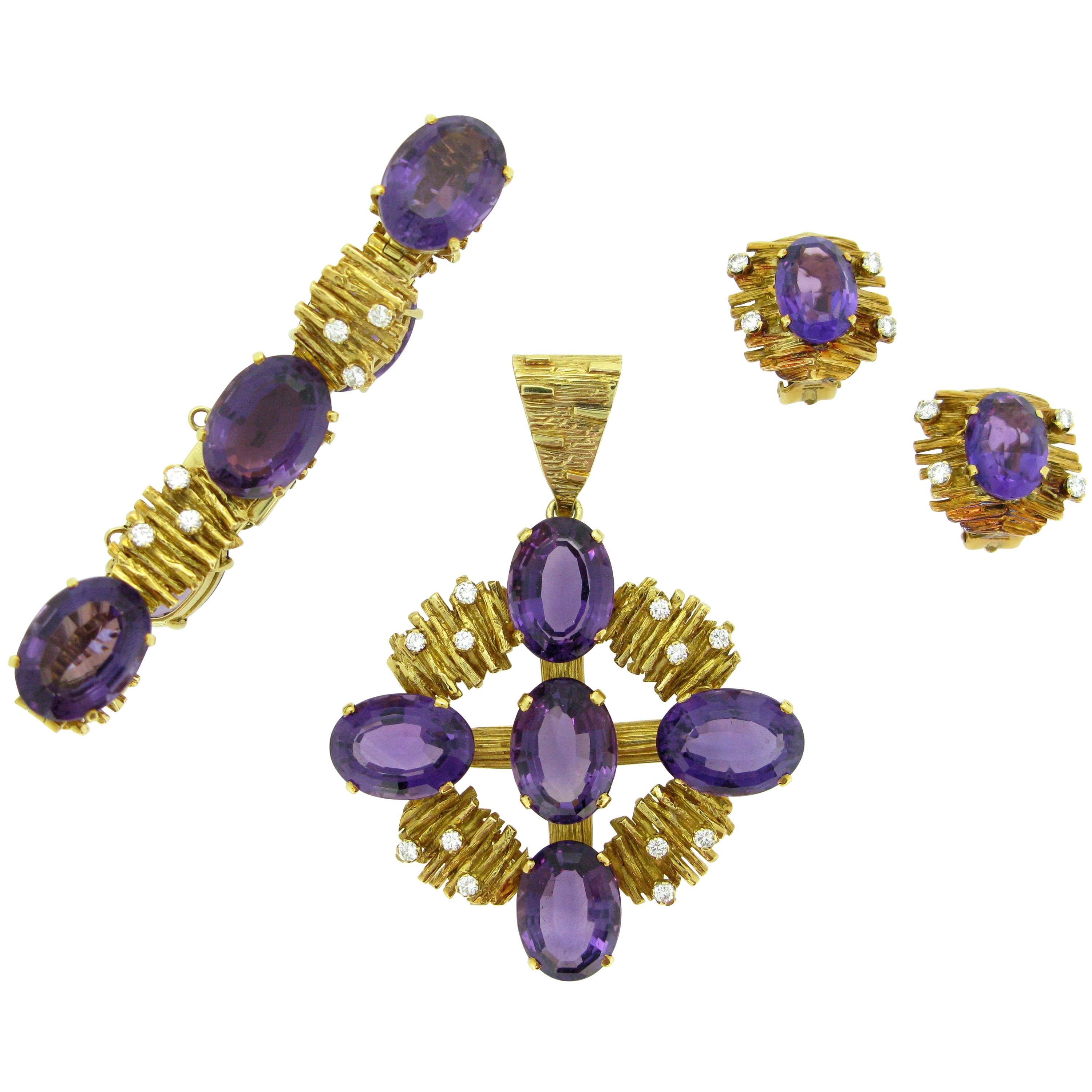 Amethyst Diamond Yellow Gold Earrings Bracelet Pendant Set