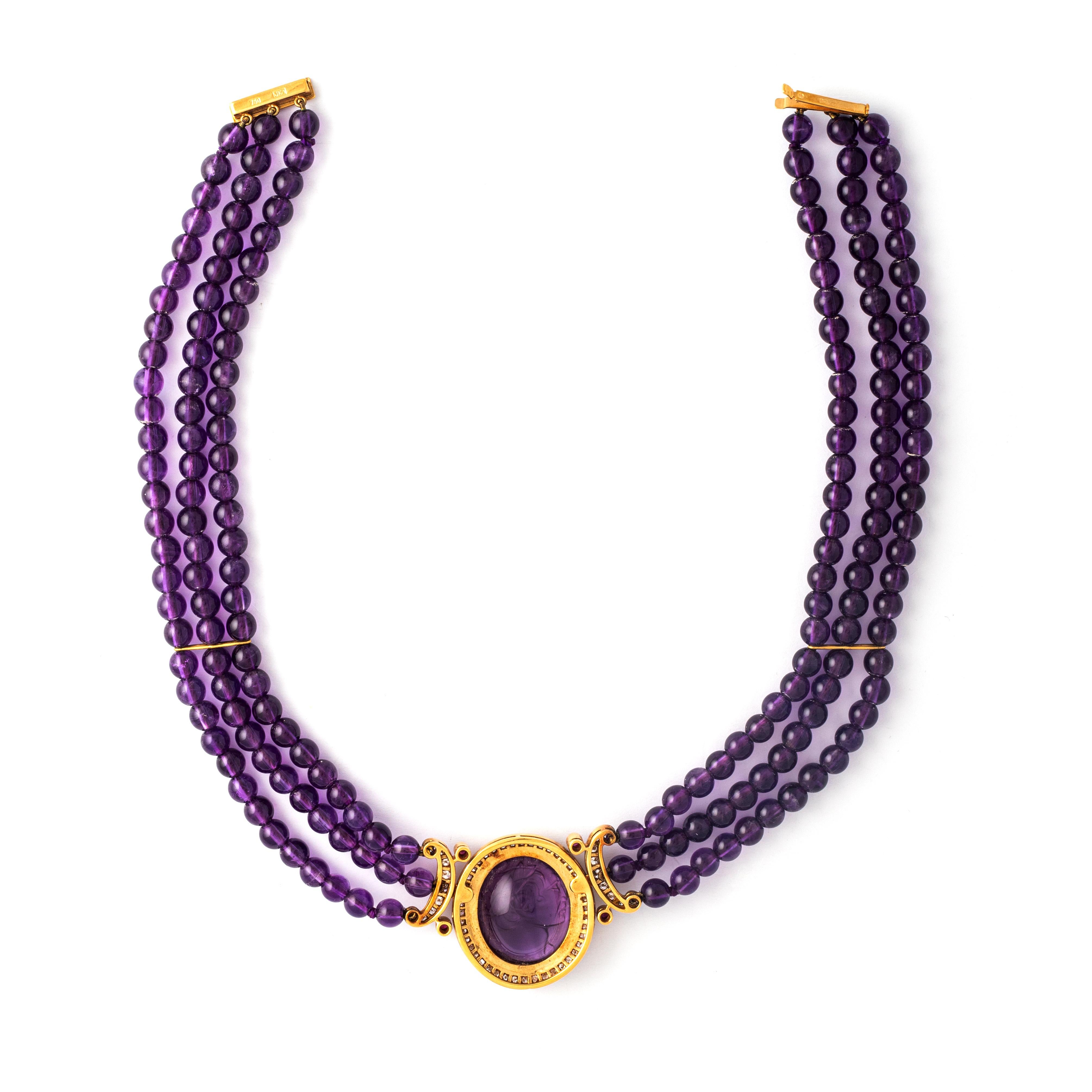 Bead Amethyst Diamond Yellow Gold Necklace For Sale