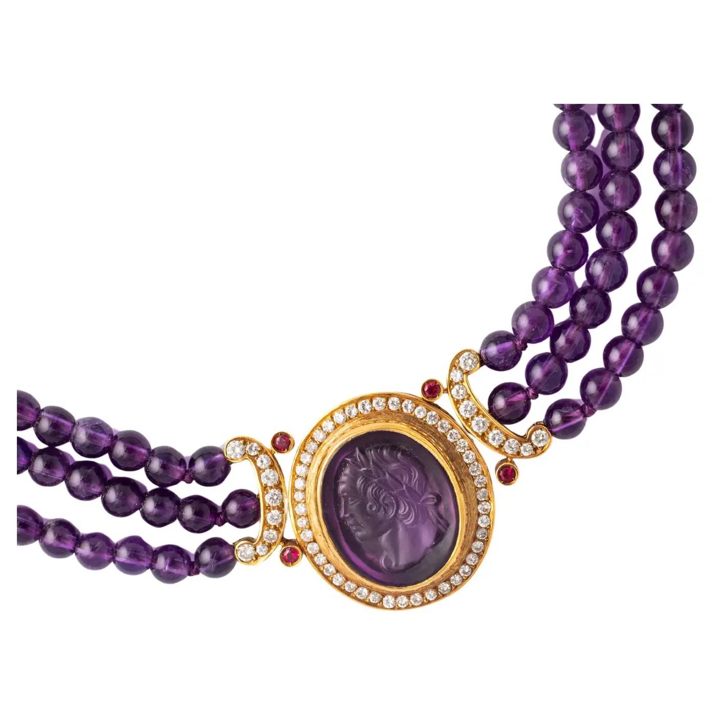 Amethyst Diamond Yellow Gold Necklace In Good Condition For Sale In Geneva, CH