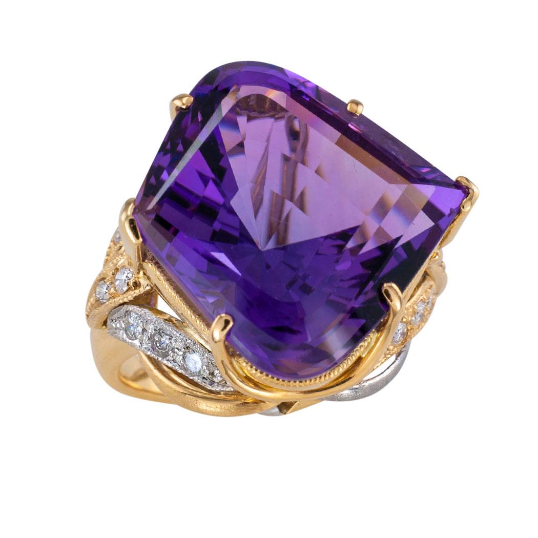 Mixed Cut Amethyst Diamond Yellow Gold Platinum Cocktail Ring