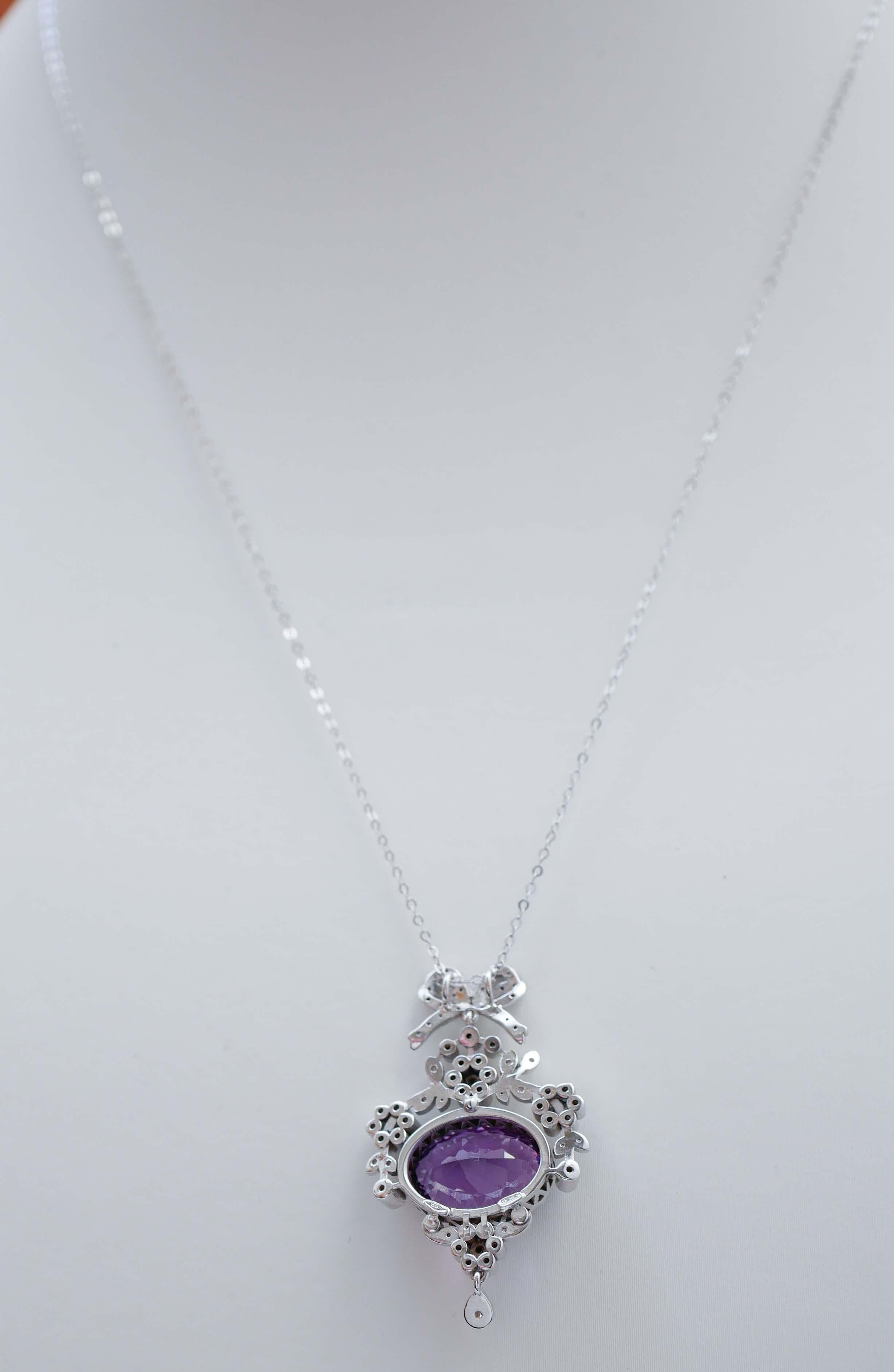 Mixed Cut Amethyst, Diamonds, 14 Karat White Gold Pendant Necklace. For Sale