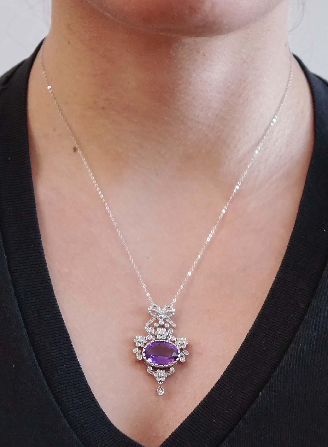 Women's Amethyst, Diamonds, 14 Karat White Gold Pendant Necklace. For Sale
