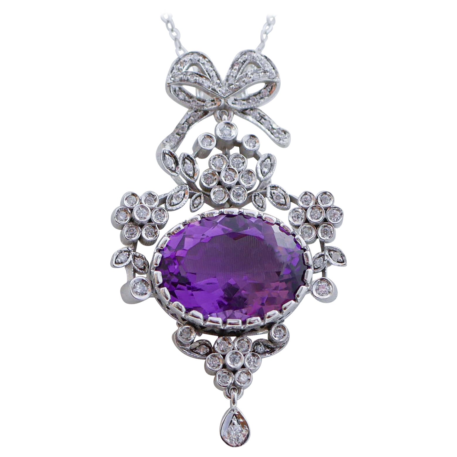 Collier à pendentifs en améthyste, diamants et or blanc 14 carats.