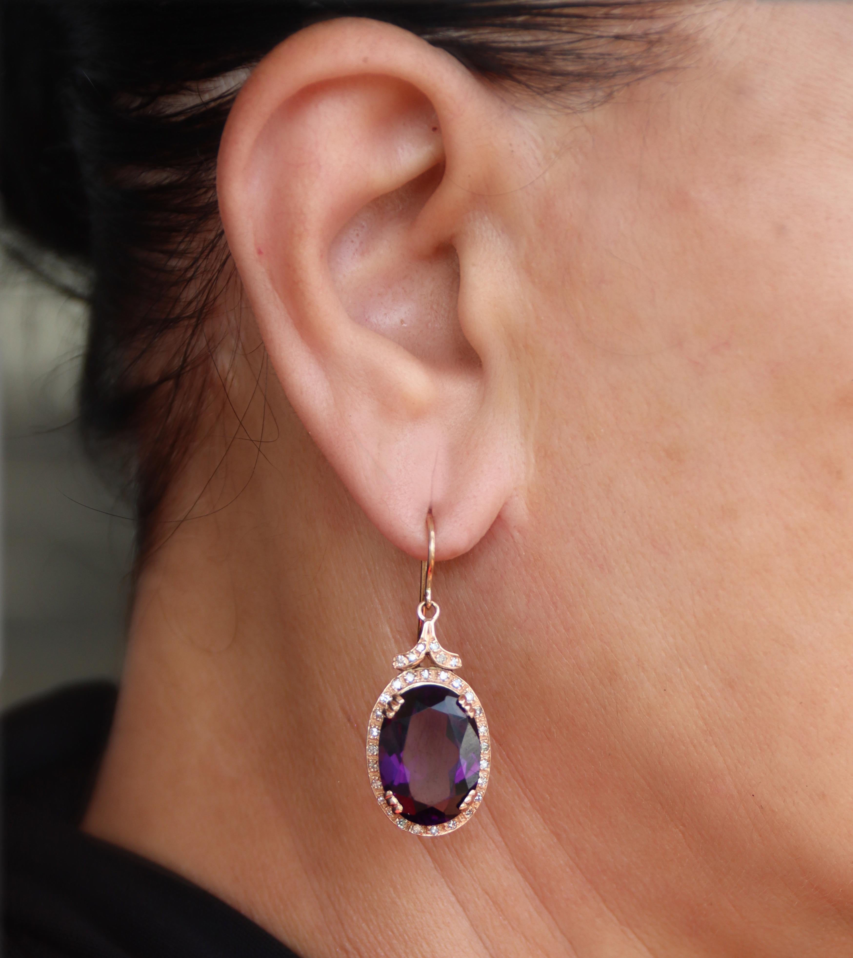 Amethyst Diamonds 14 Karat Yellow Gold Drop Earrings For Sale 4