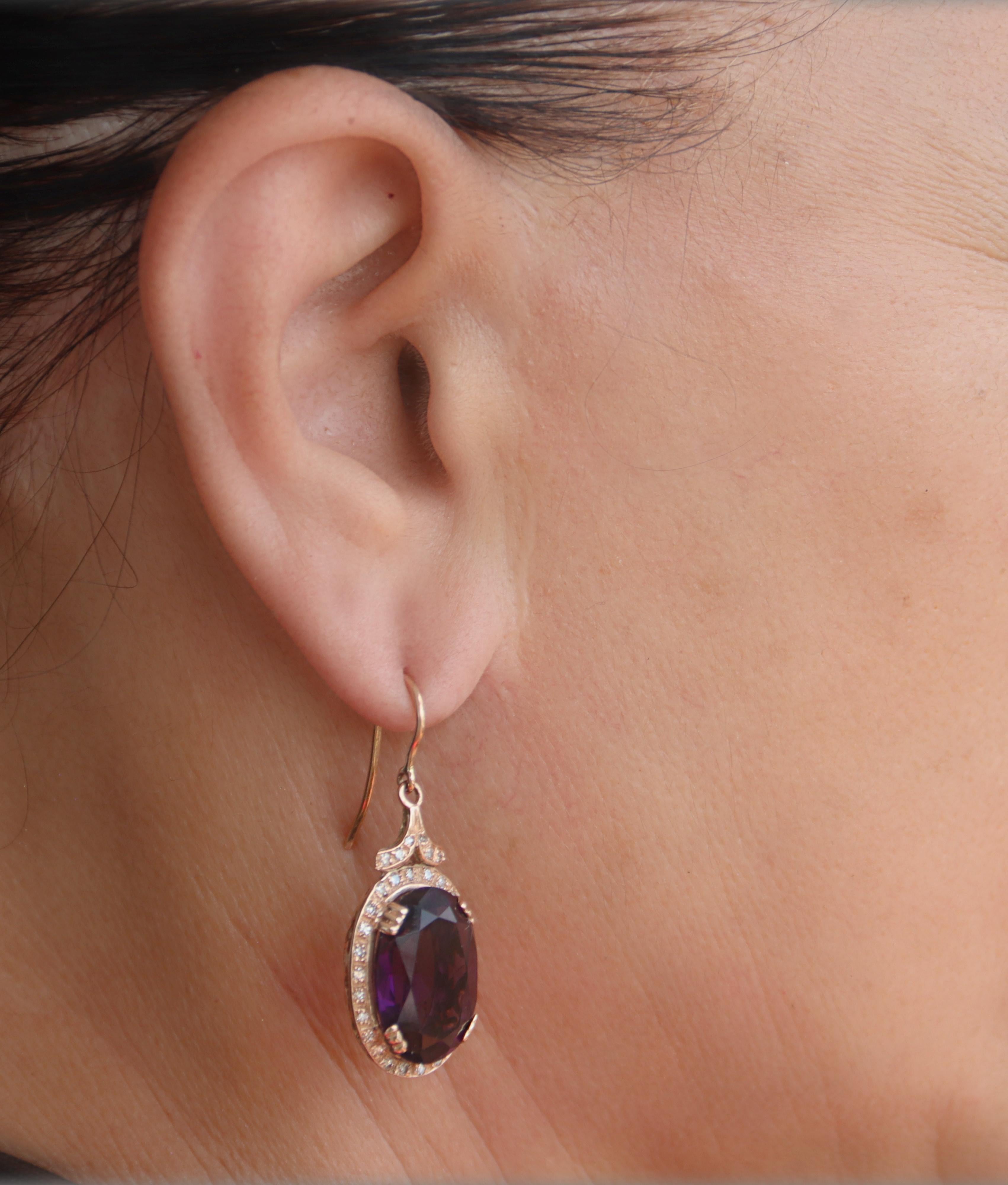 Amethyst Diamonds 14 Karat Yellow Gold Drop Earrings For Sale 5