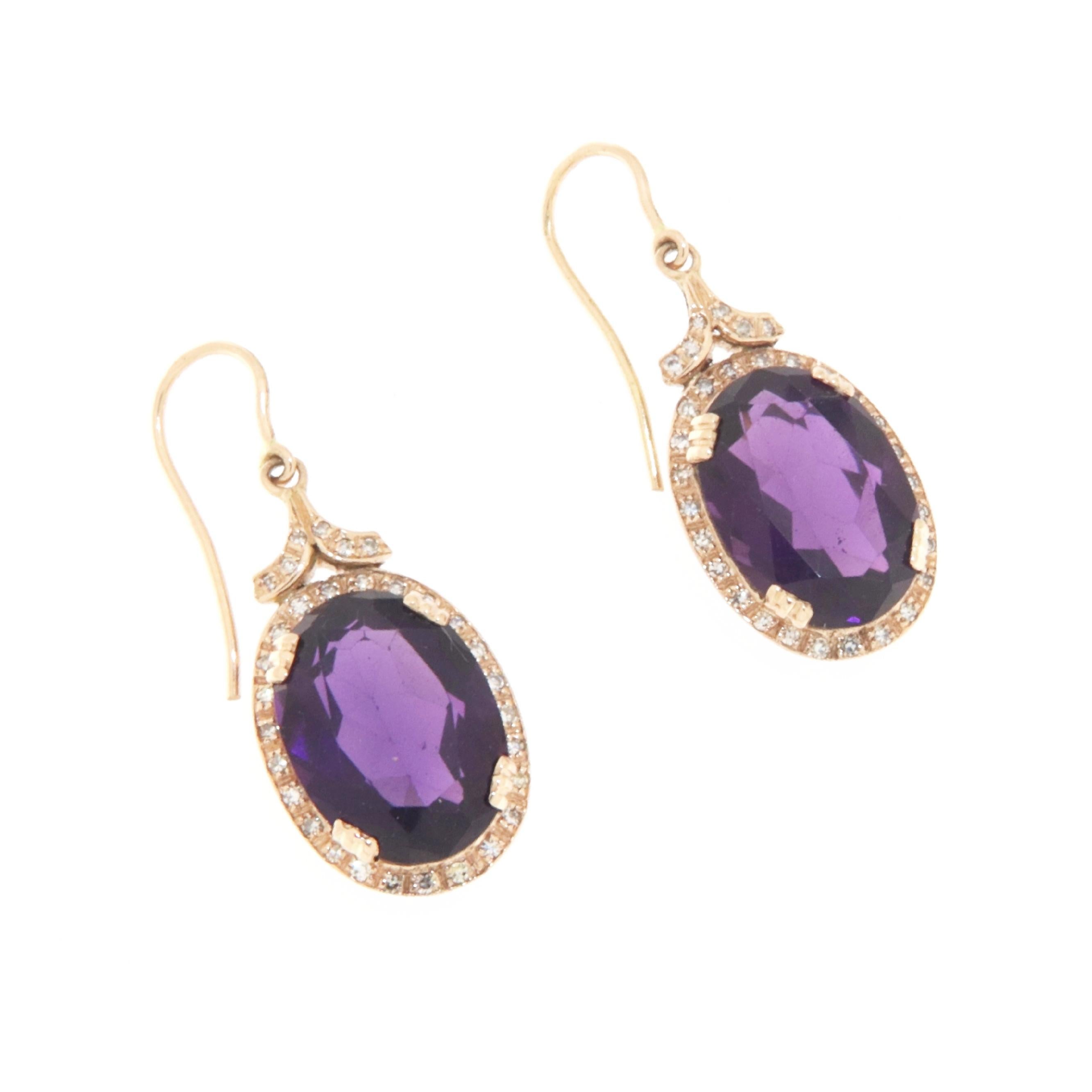Artisan Amethyst Diamonds 14 Karat Yellow Gold Drop Earrings For Sale