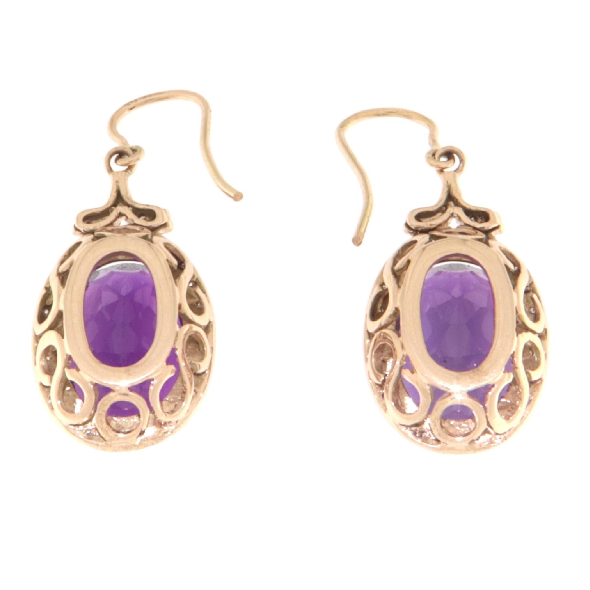 Brilliant Cut Amethyst Diamonds 14 Karat Yellow Gold Drop Earrings For Sale