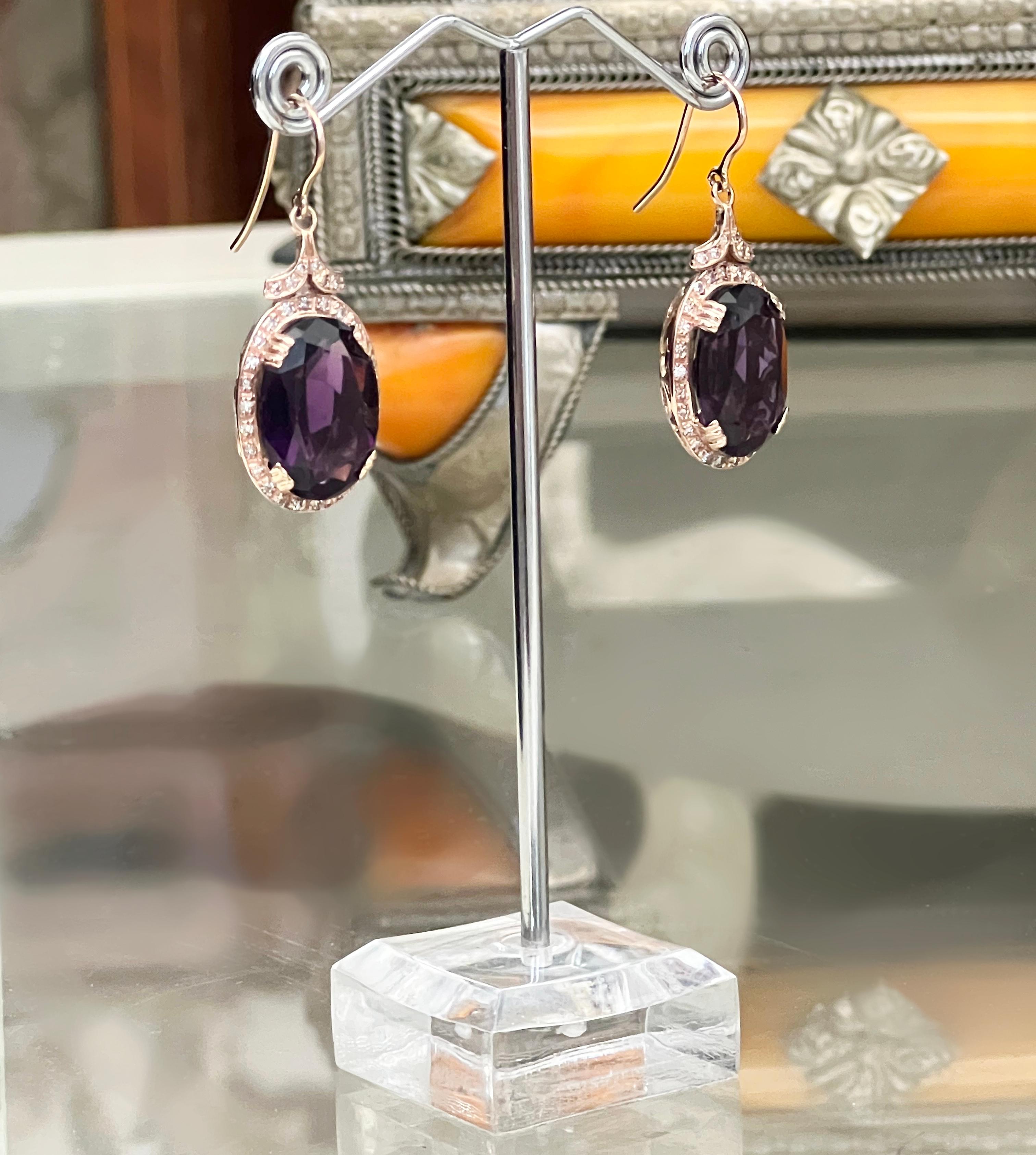 Amethyst Diamonds 14 Karat Yellow Gold Drop Earrings In New Condition For Sale In Marcianise, IT